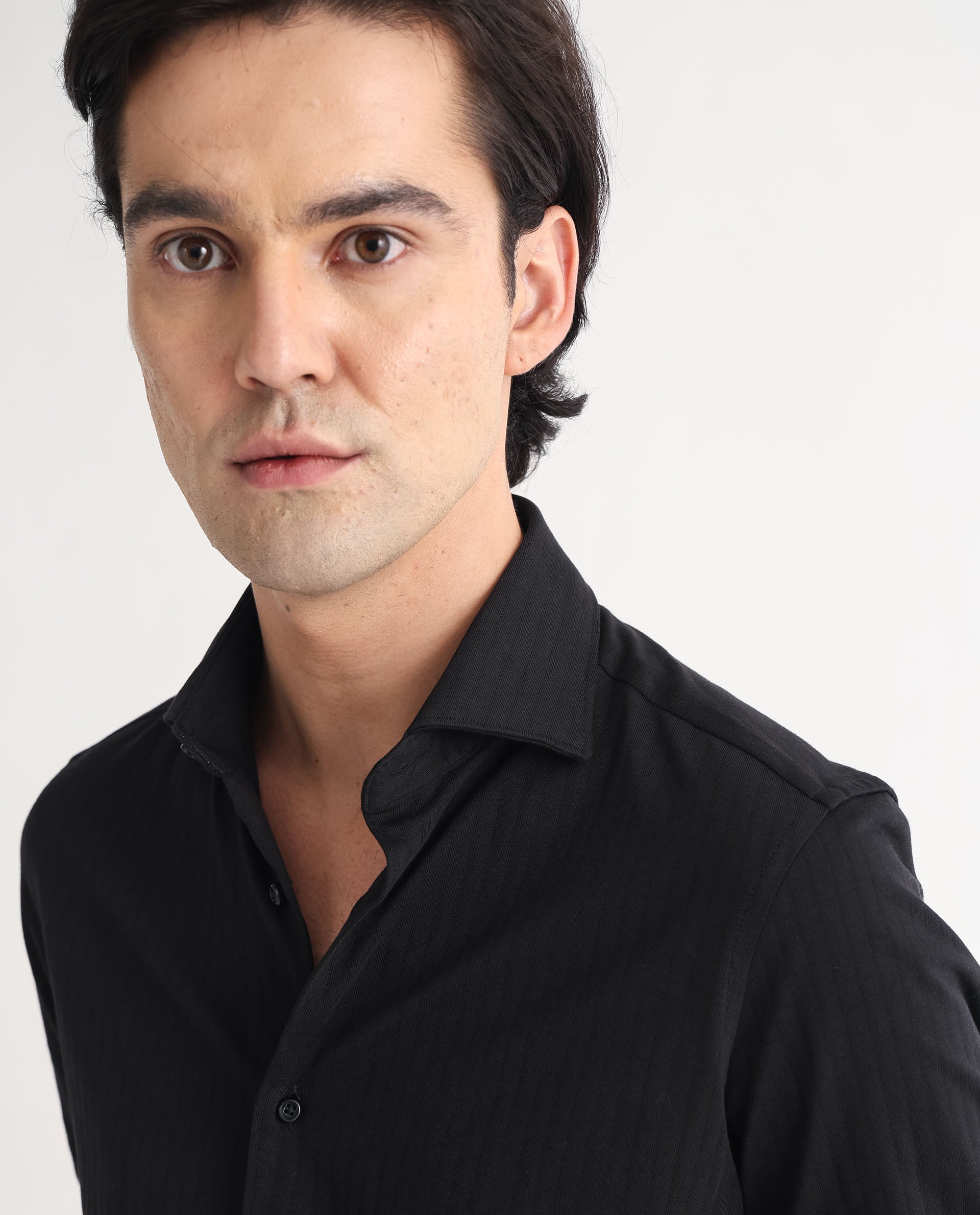 Rare Rabbit Men's Ertical Black Cotton Fabric Full Sleeves Self Jacquard Striped Shirt