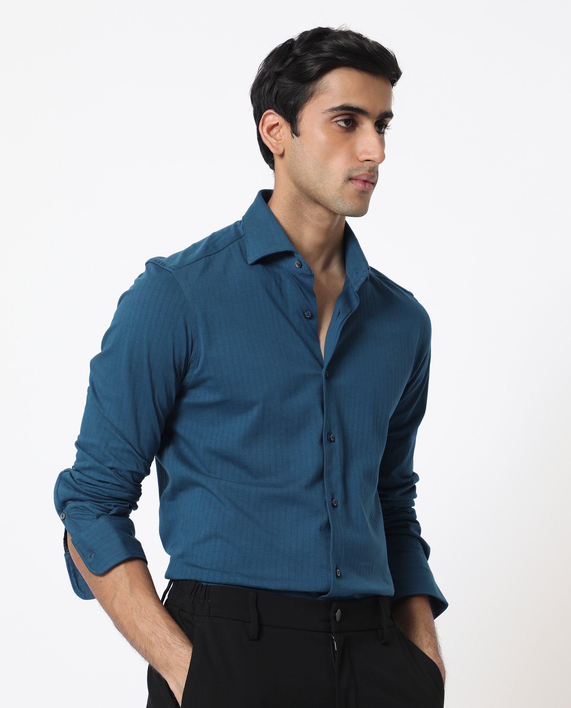 Rare Rabbit Men's Ertical Teal Cotton Fabric Full Sleeves Self Jacquard Stripe Shirt