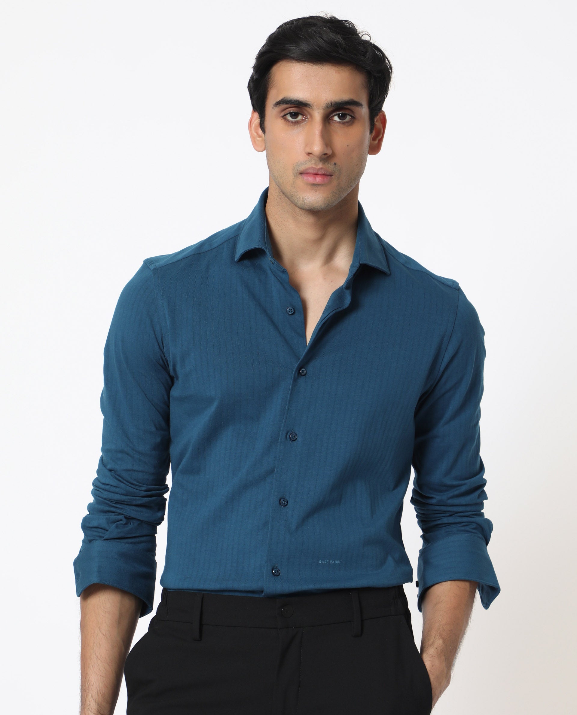 Rare Rabbit Men's Ertical Teal Cotton Fabric Full Sleeves Self Jacquard Stripe Shirt