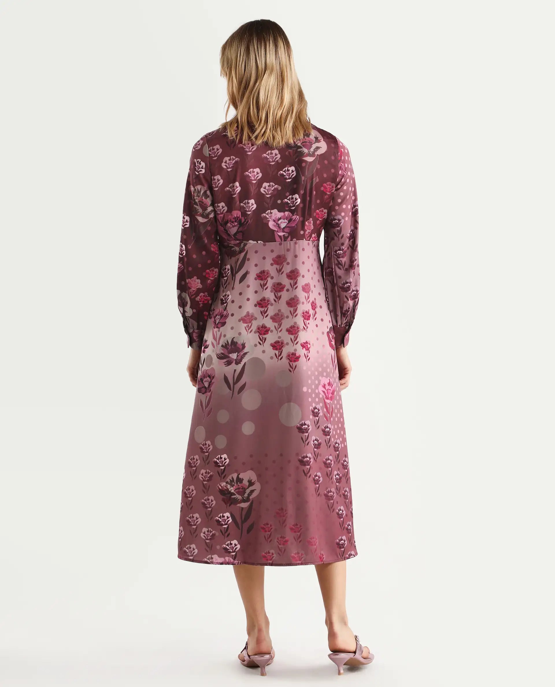 Rareism Women's Erzincan Multi Satin Crew Neck Floral Print Cuffed Sleeve Maxi A-Line Dress