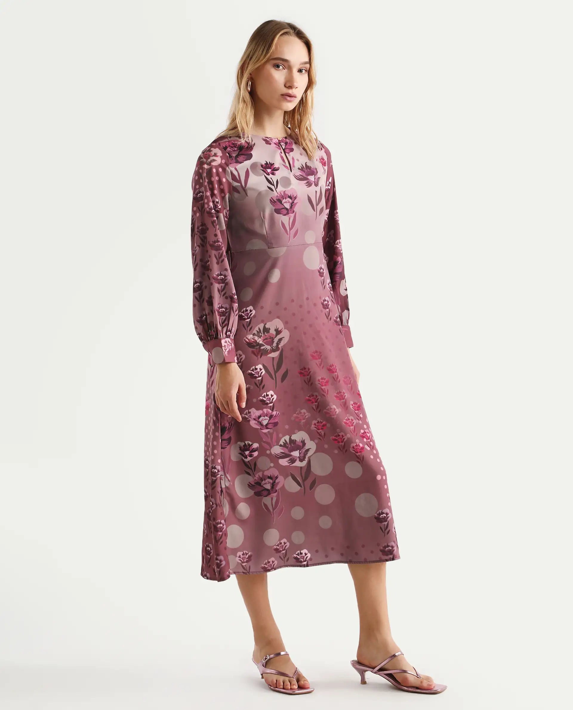 Rareism Women's Erzincan Multi Satin Crew Neck Floral Print Cuffed Sleeve Maxi A-Line Dress