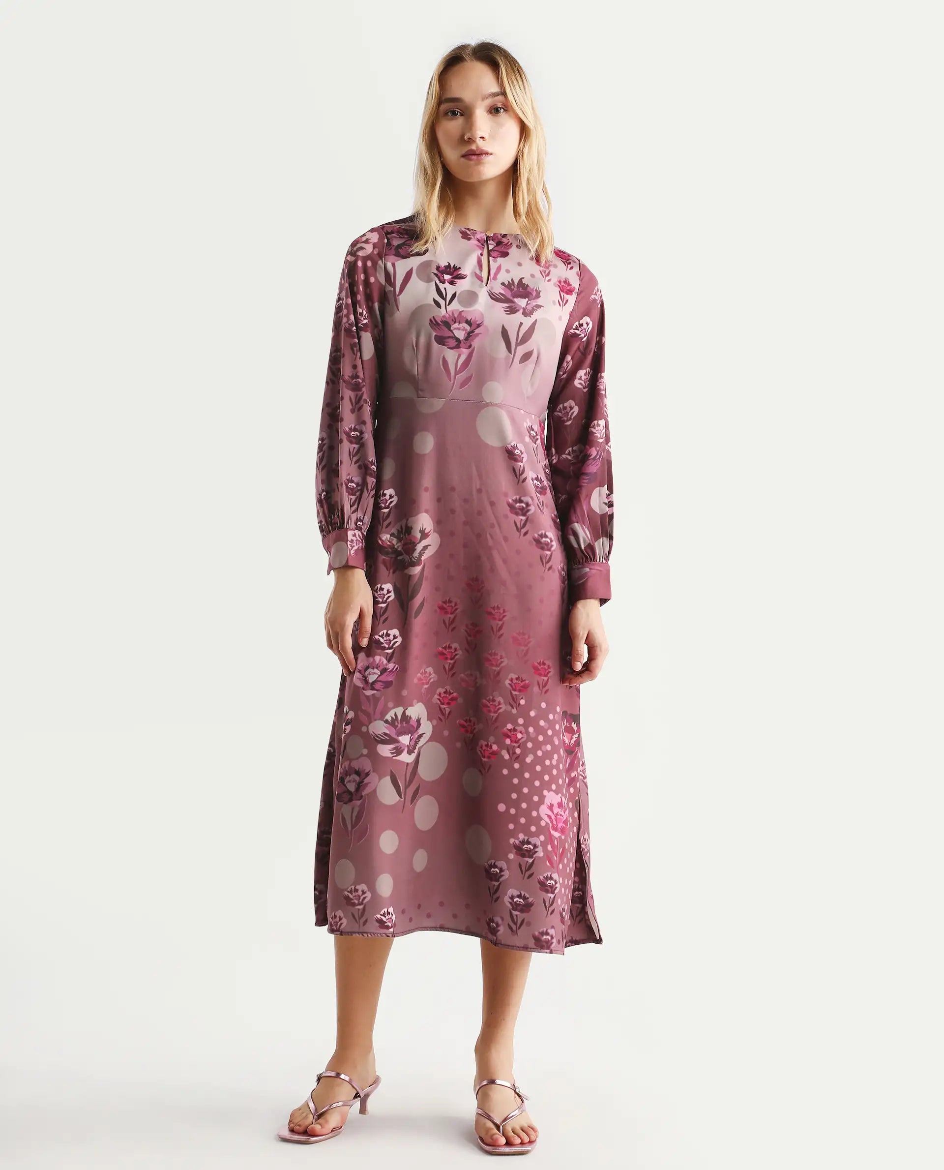 Rareism Women's Erzincan Multi Satin Crew Neck Floral Print Cuffed Sleeve Maxi A-Line Dress