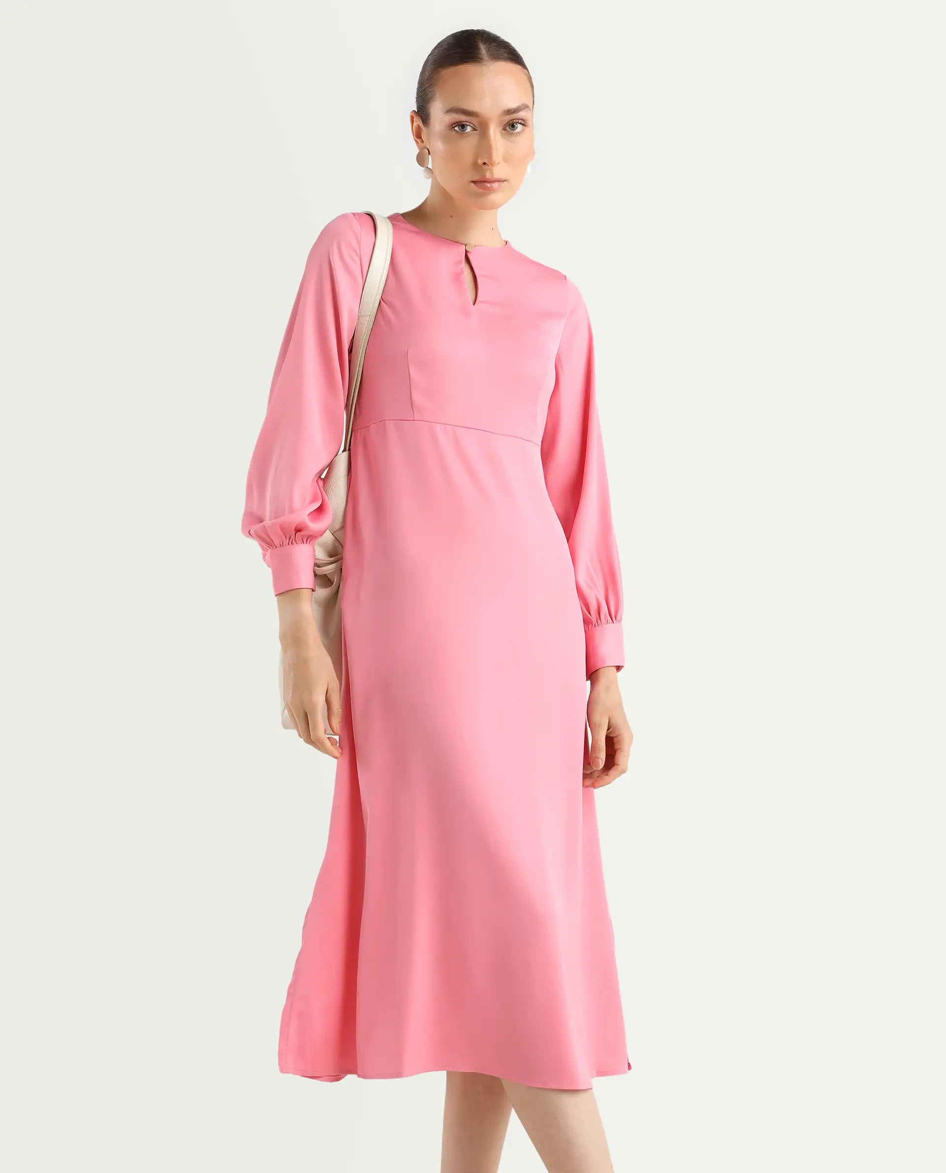 Rareism Women's Erzinc Pink Satin Key Hole Neck Plain Bishop Sleeve Midi Fit And Flare Dress