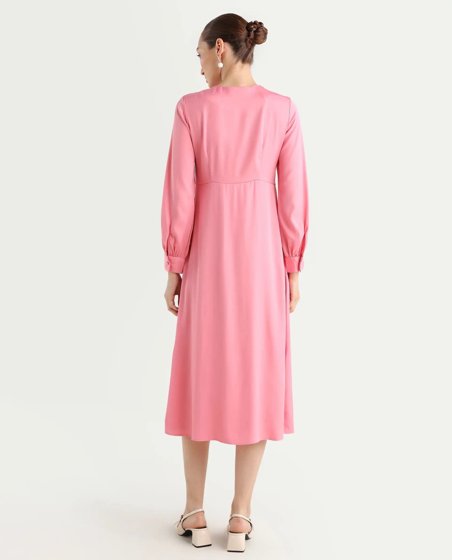 Rareism Women's Erzinc Pink Satin Key Hole Neck Plain Bishop Sleeve Midi Fit And Flare Dress