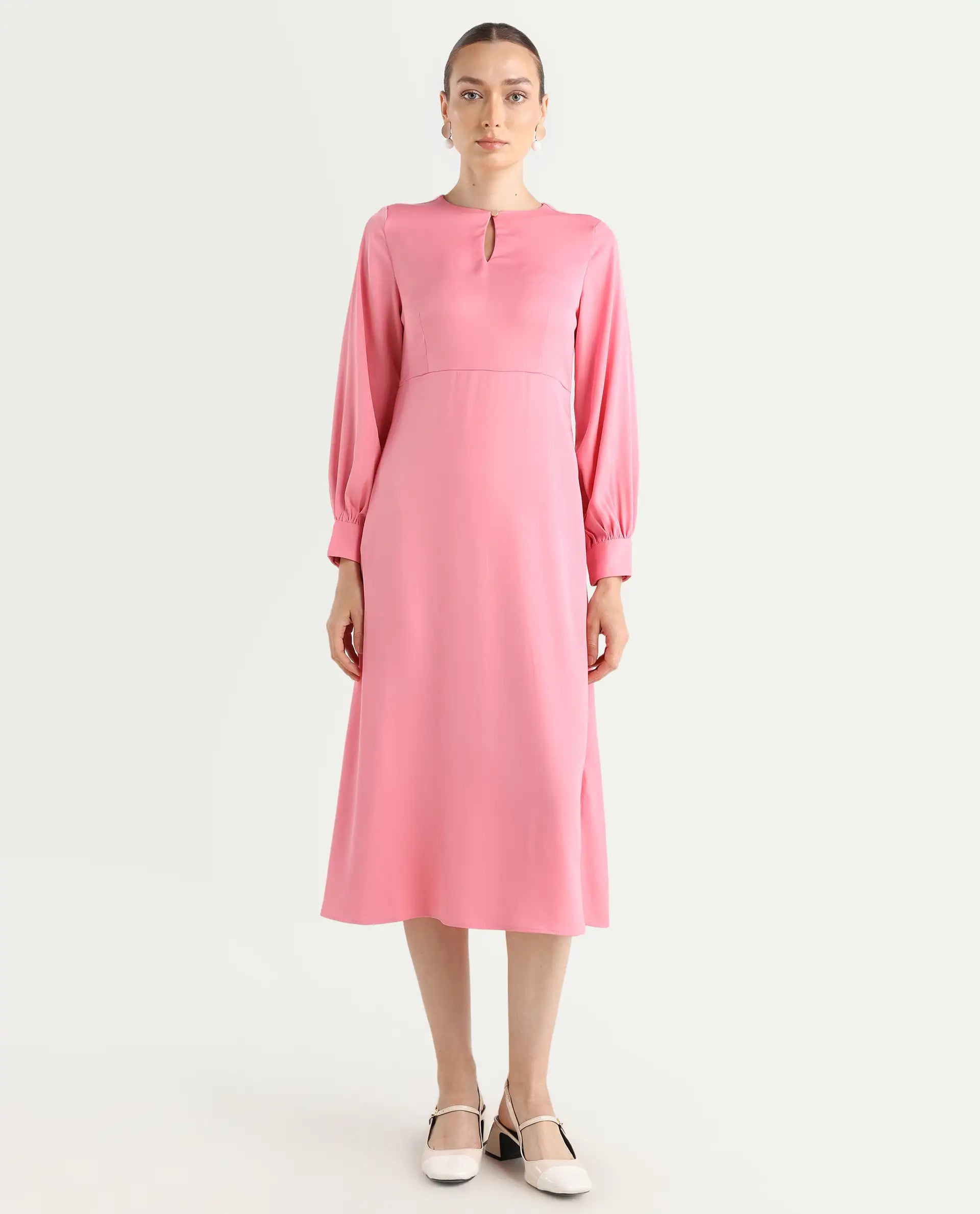Rareism Women's Erzinc Pink Satin Key Hole Neck Plain Bishop Sleeve Midi Fit And Flare Dress