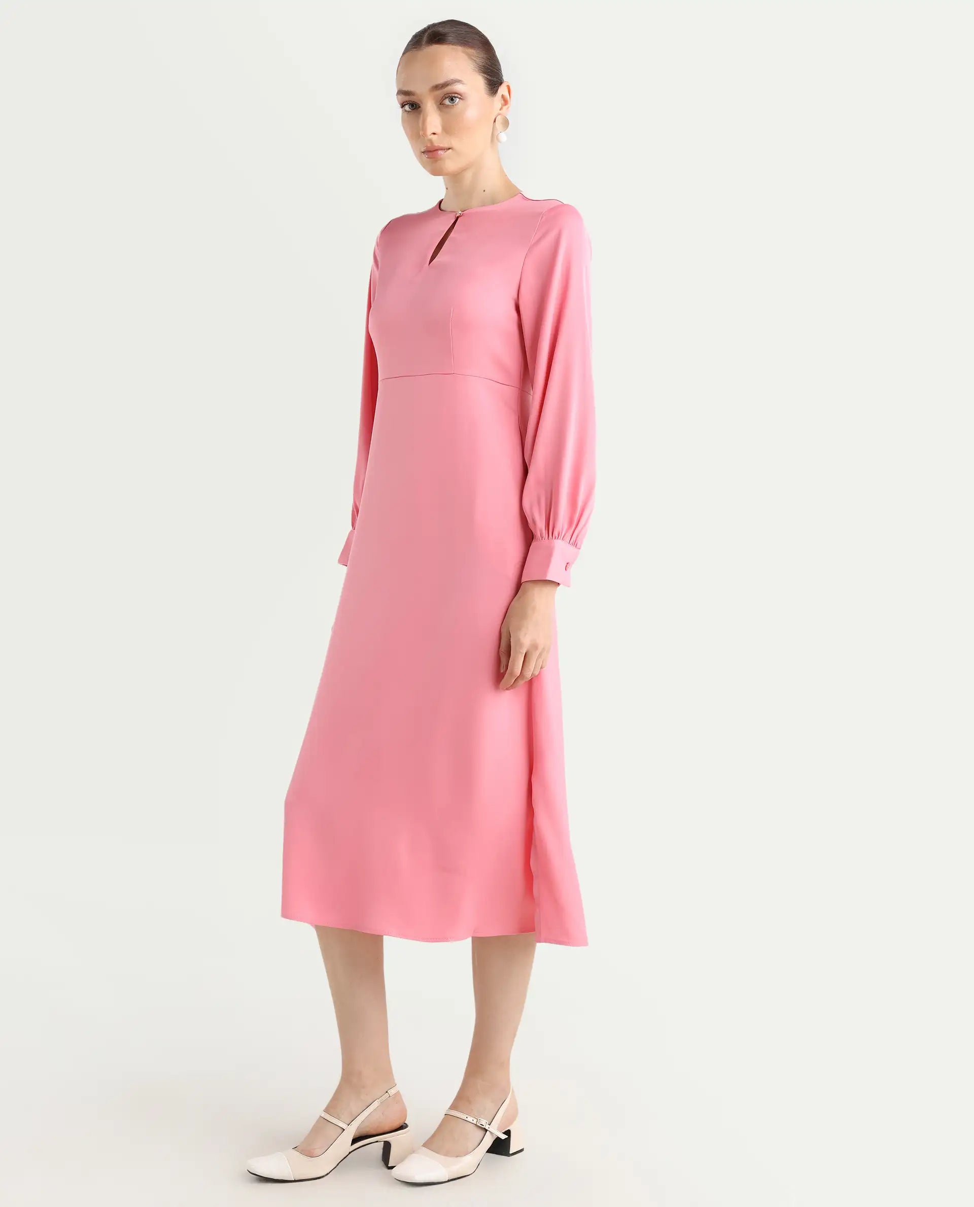 Rareism Women's Erzinc Pink Satin Key Hole Neck Plain Bishop Sleeve Midi Fit And Flare Dress