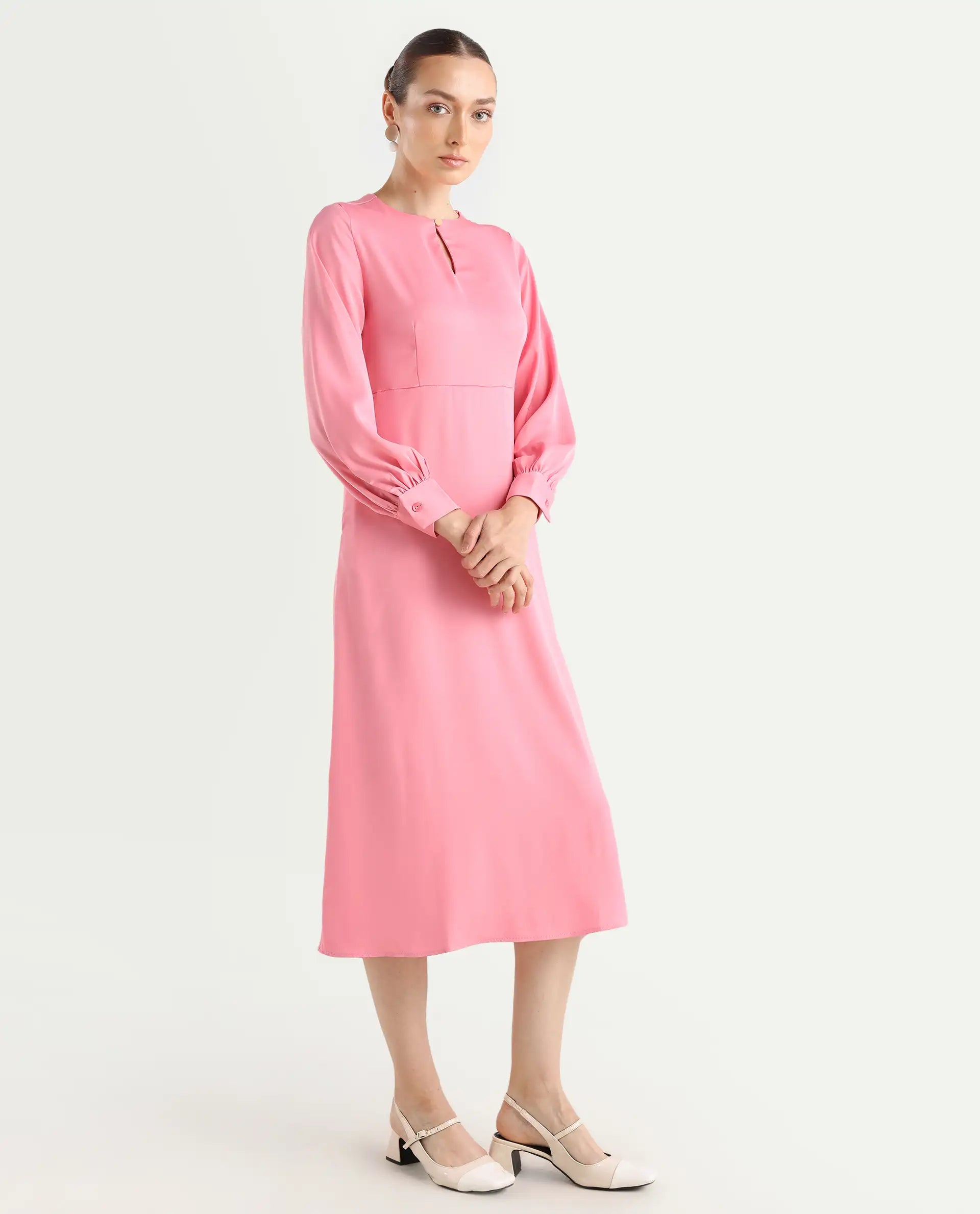Rareism Women's Erzinc Pink Satin Key Hole Neck Plain Bishop Sleeve Midi Fit And Flare Dress