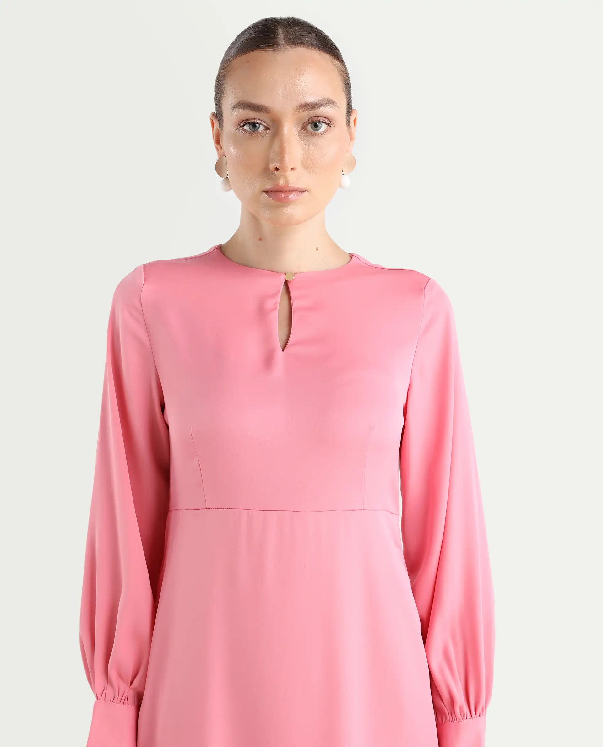 Rareism Women's Erzinc Pink Satin Key Hole Neck Plain Bishop Sleeve Midi Fit And Flare Dress