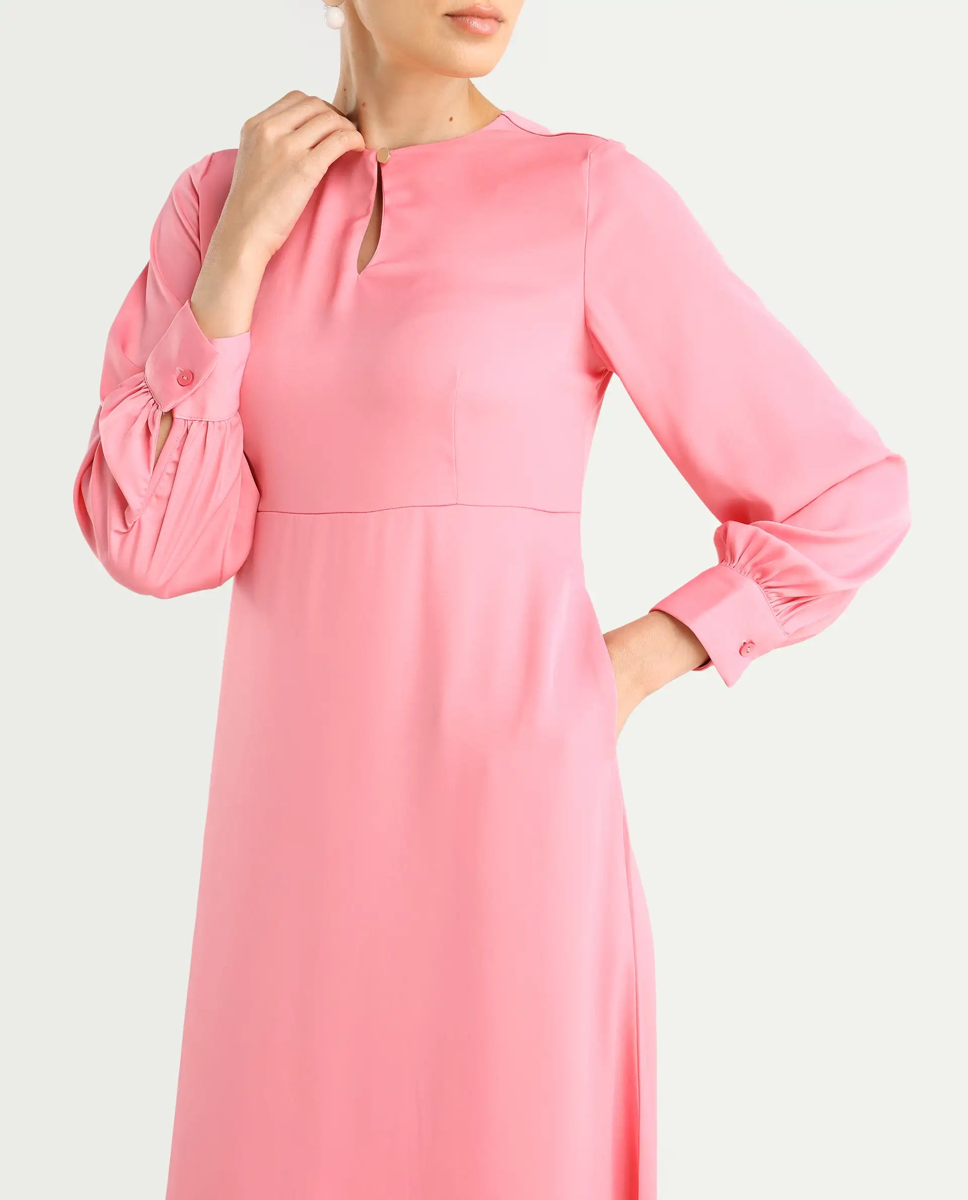 Rareism Women's Erzinc Pink Satin Key Hole Neck Plain Bishop Sleeve Midi Fit And Flare Dress