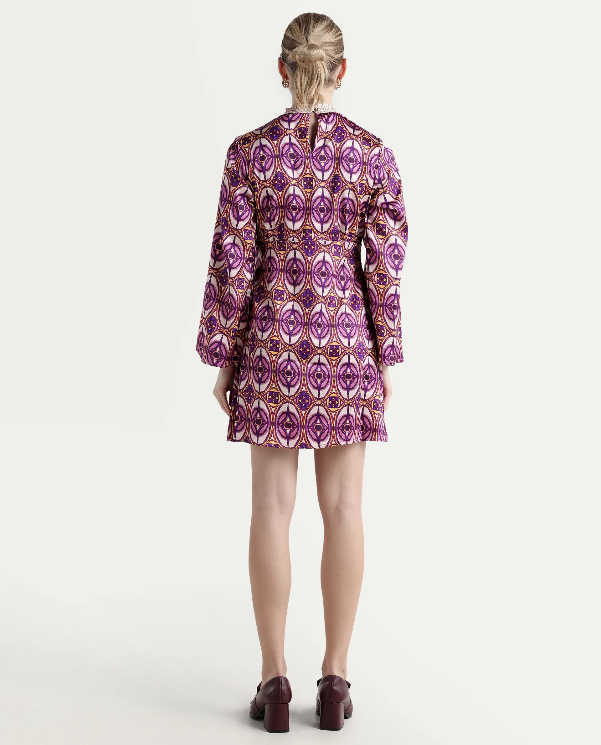 Rareism Women's Erzurum Multi Cotton Sweetheart Neck Abstract Print Bell Sleeve Knee Length Flared Dress