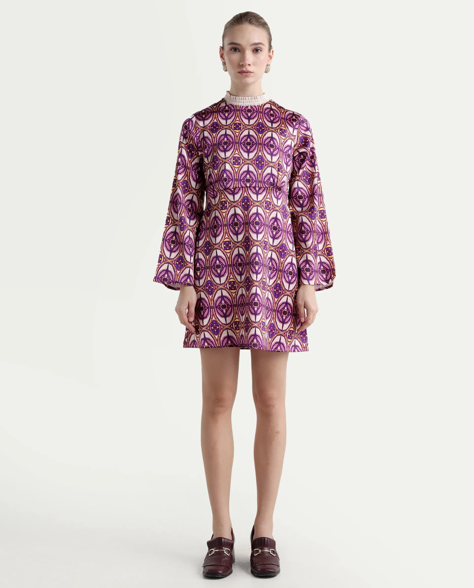 Rareism Women's Erzurum Multi Cotton Sweetheart Neck Abstract Print Bell Sleeve Knee Length Flared Dress