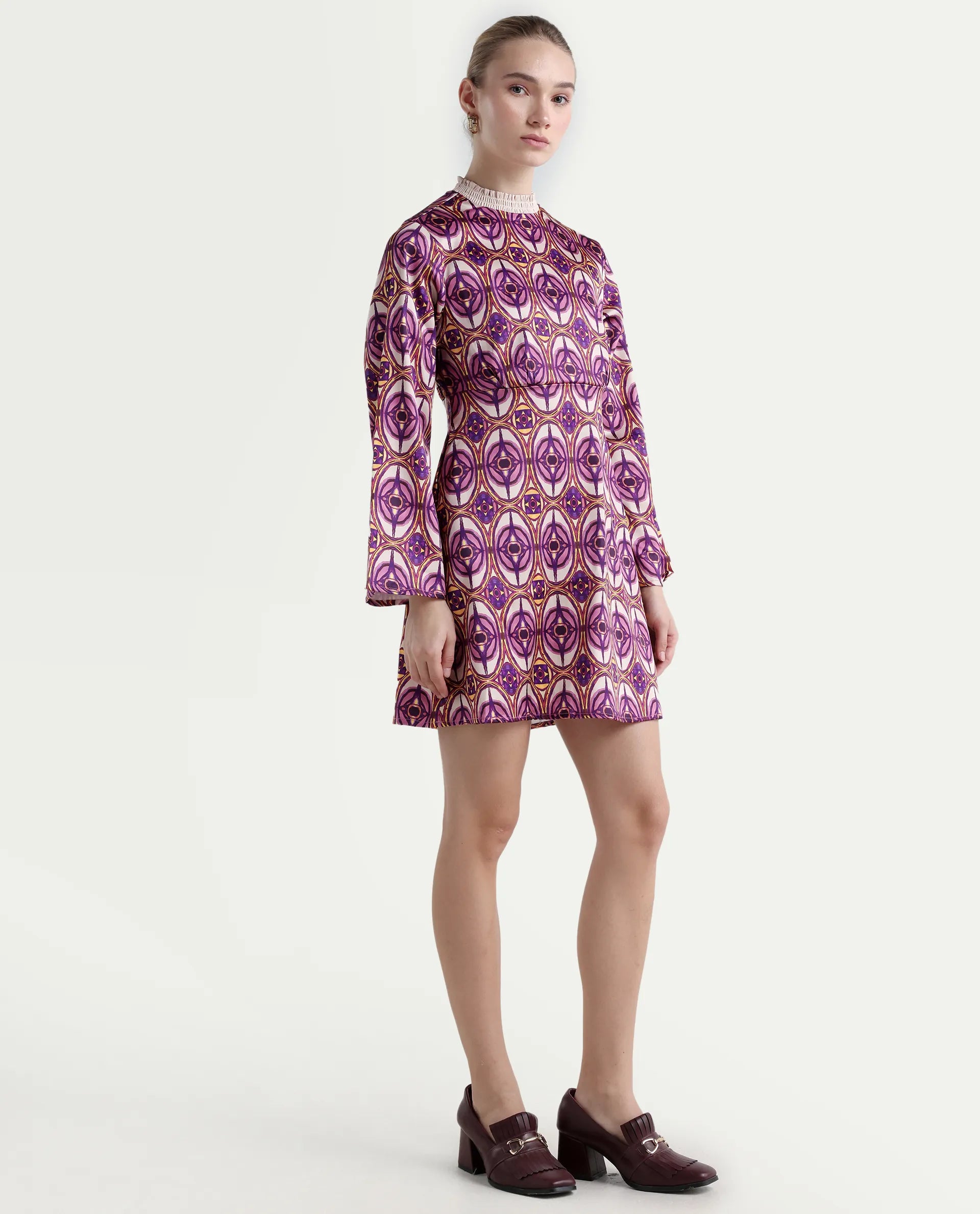 Rareism Women's Erzurum Multi Cotton Sweetheart Neck Abstract Print Bell Sleeve Knee Length Flared Dress
