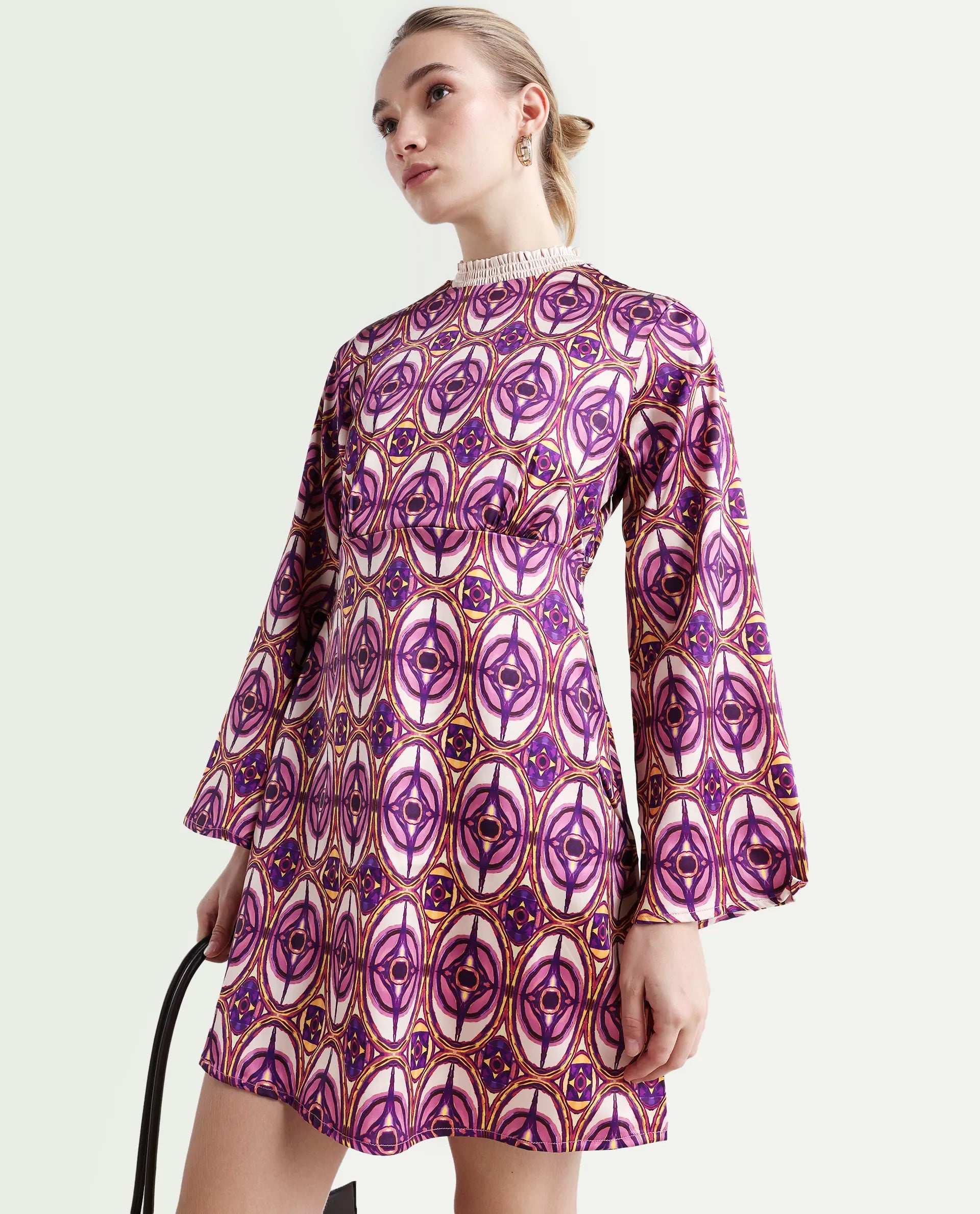 Rareism Women's Erzurum Multi Cotton Sweetheart Neck Abstract Print Bell Sleeve Knee Length Flared Dress