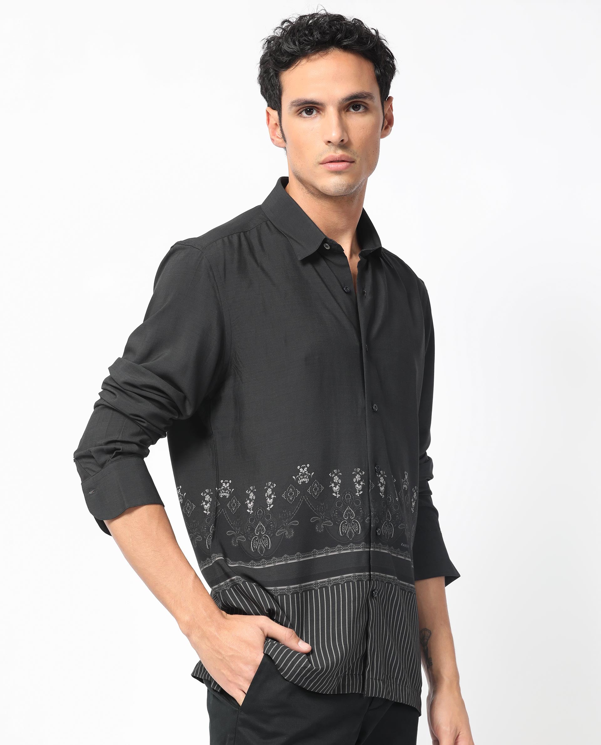 Rare Rabbit Men's Esco Black Viscose Fabric Full Sleeves Floral Print Shirt