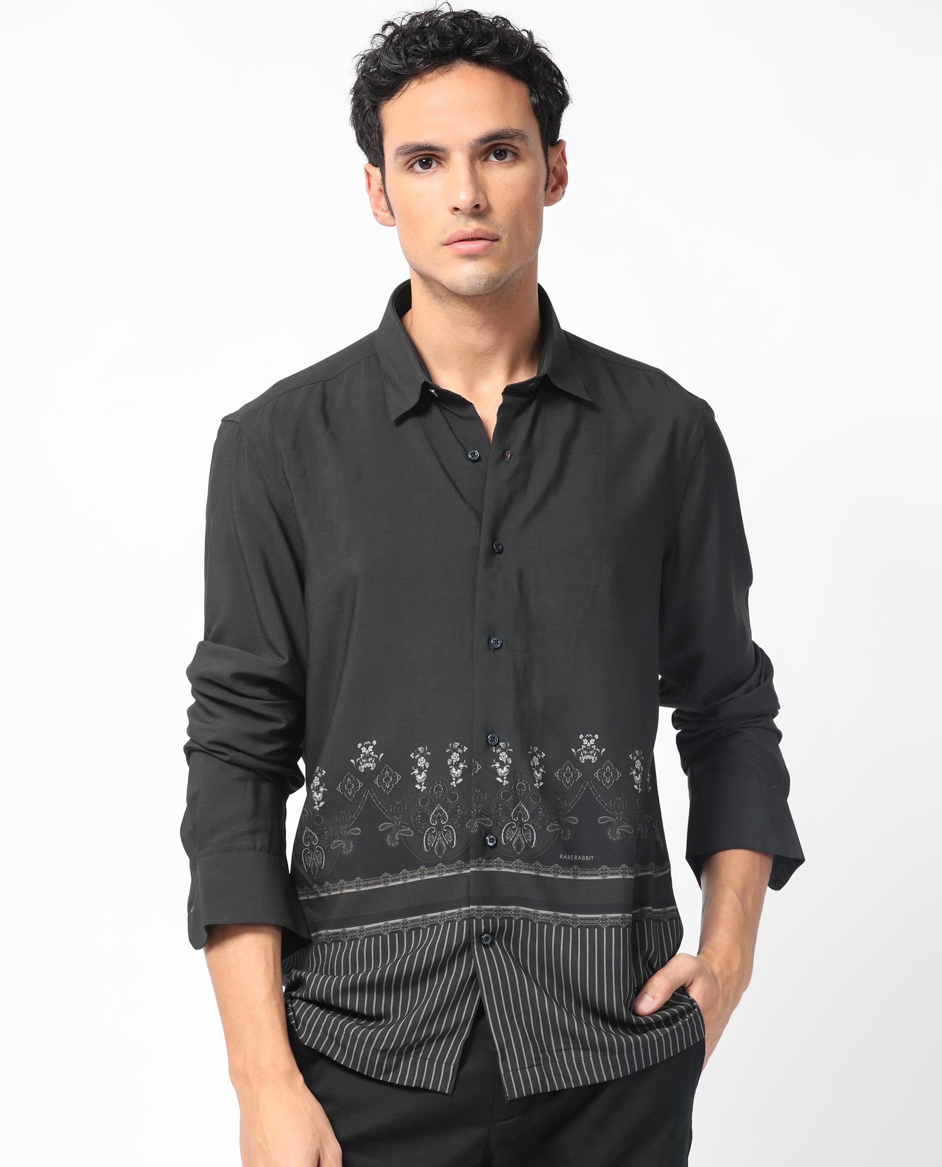 Rare Rabbit Men's Esco Black Viscose Fabric Full Sleeves Floral Print Shirt