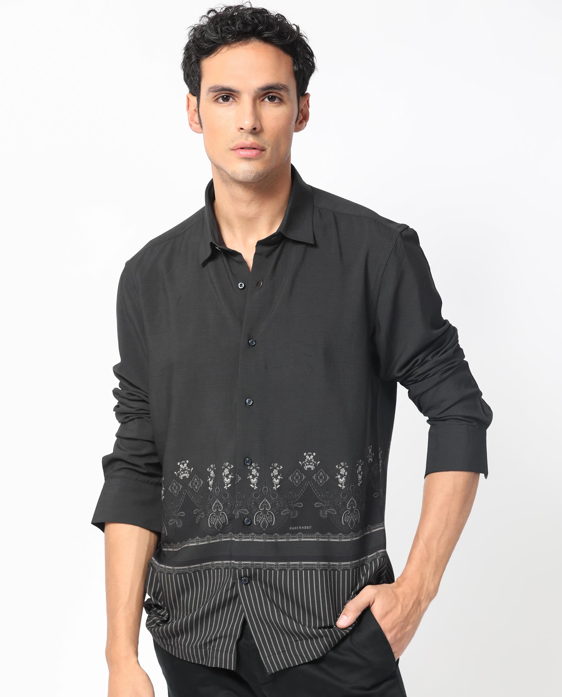 Rare Rabbit Men's Esco Black Viscose Fabric Full Sleeves Floral Print Shirt