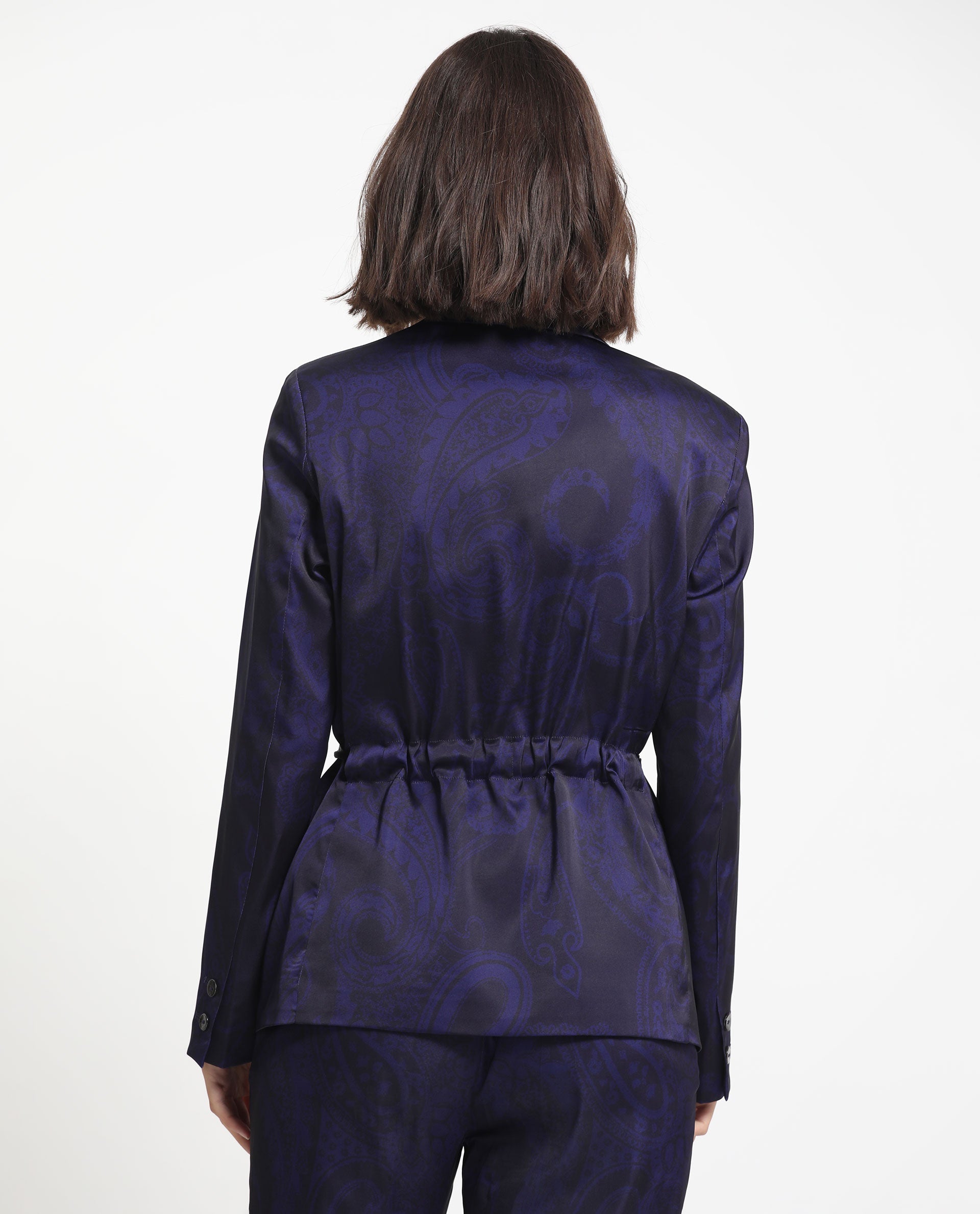 Rareism Women Esena Dark Navy Polyester Fabric Full Sleeves Button Closure Lapel Neck Tailored Fit Abstract Print Blazer