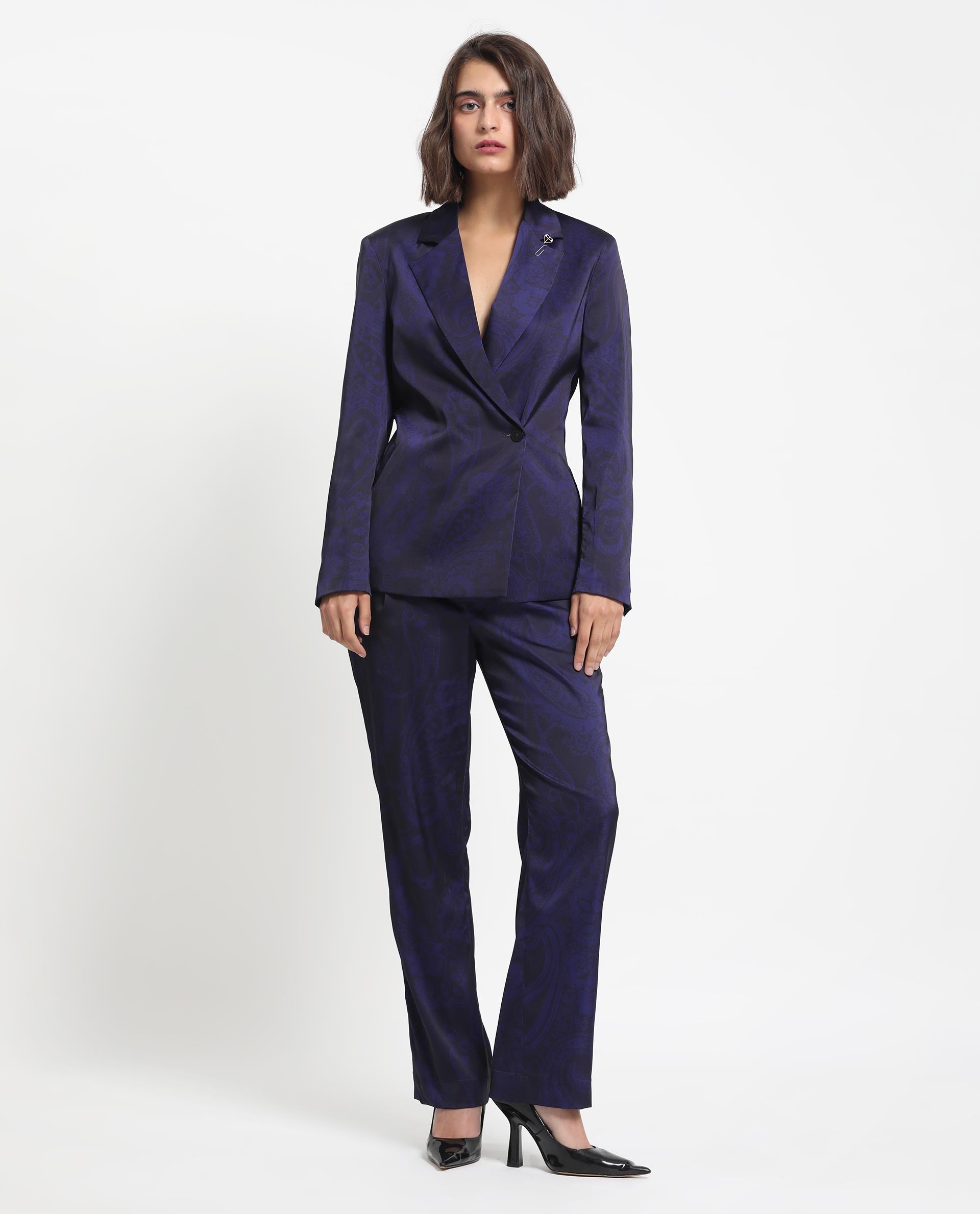 Rareism Women Esena Dark Navy Polyester Fabric Full Sleeves Button Closure Lapel Neck Tailored Fit Abstract Print Blazer