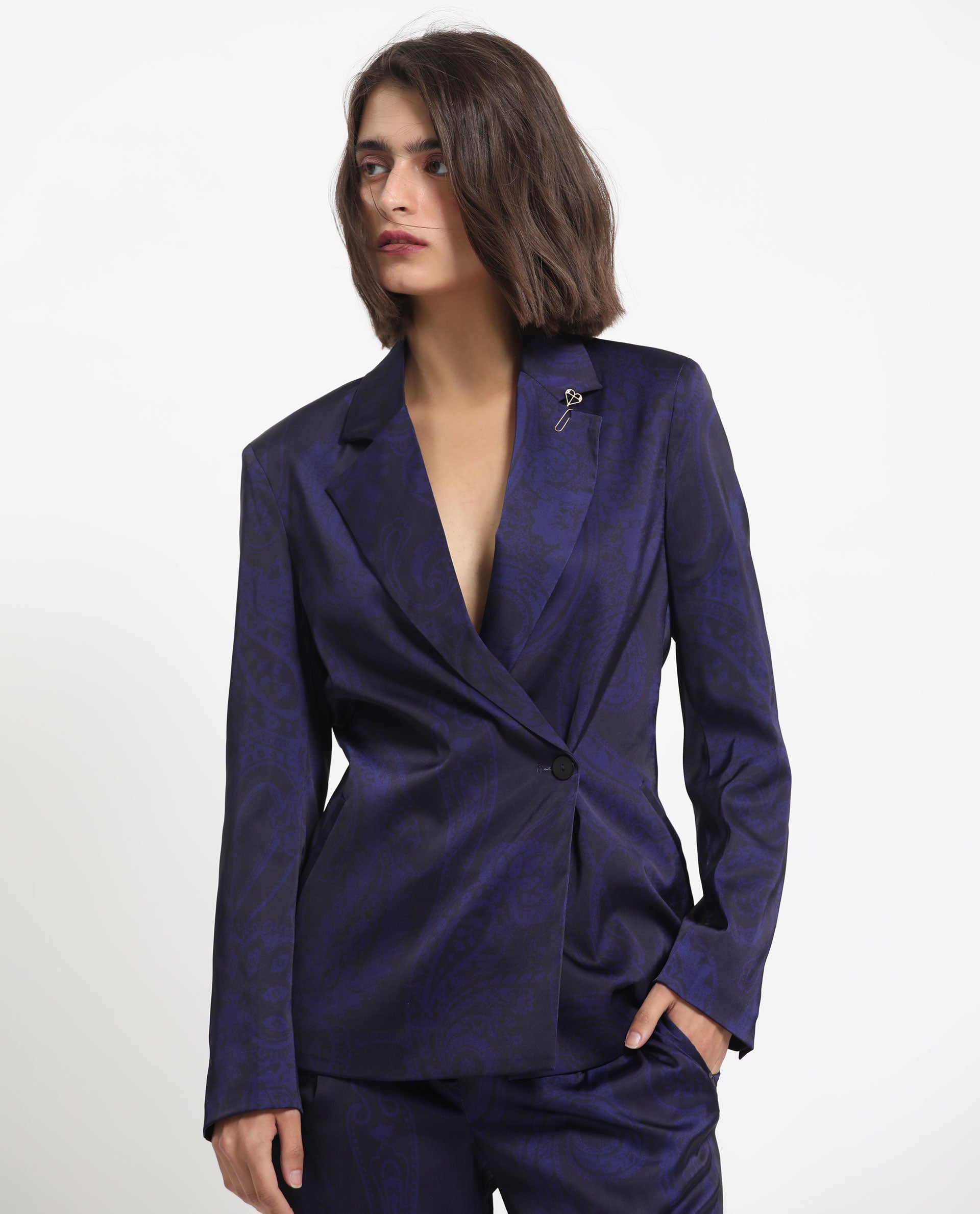 Rareism Women Esena Dark Navy Polyester Fabric Full Sleeves Button Closure Lapel Neck Tailored Fit Abstract Print Blazer