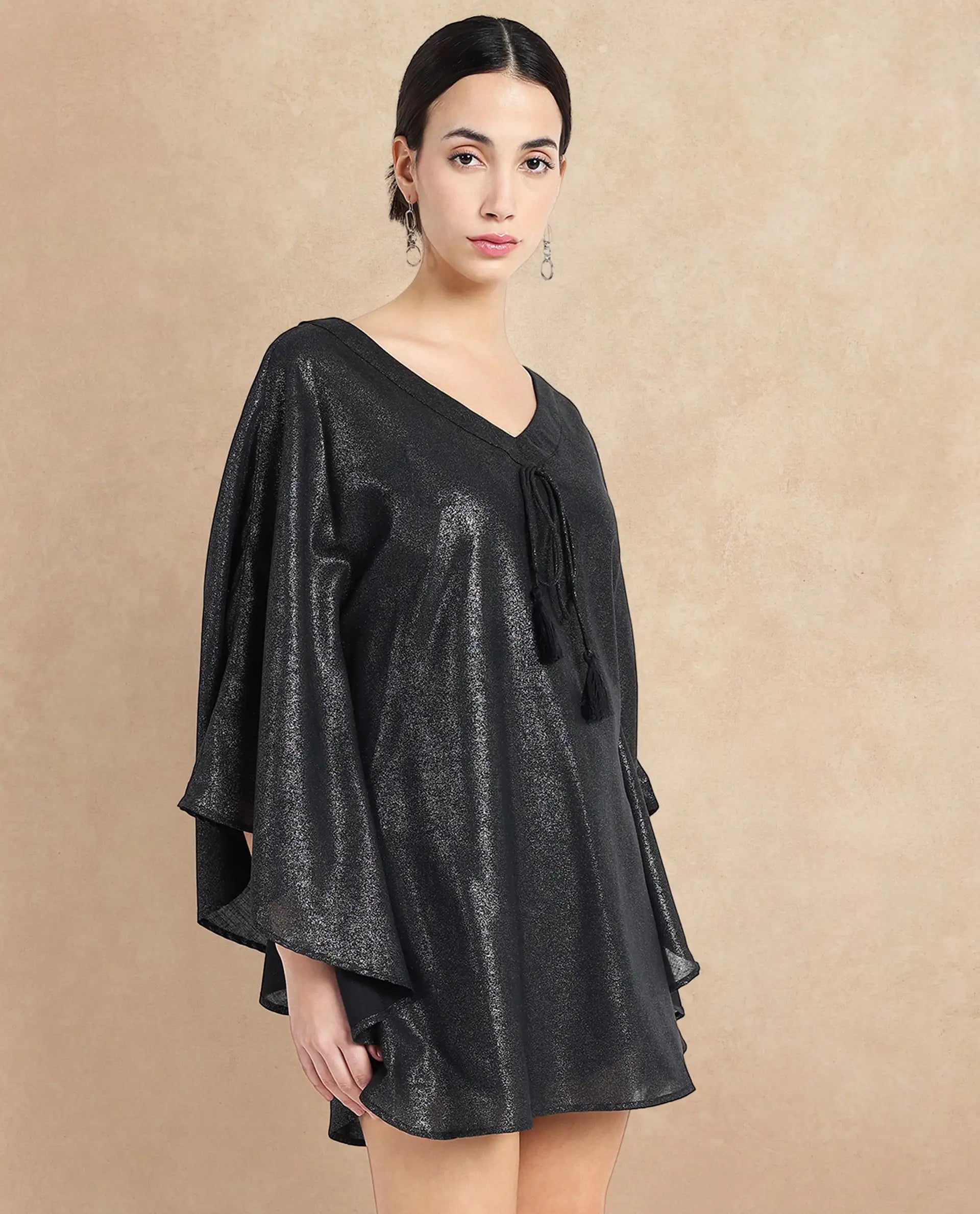 Rareism Women's Esmese Black Polyester V-Neck Plain Extended Sleeves Mini Relaxed Fit Dress