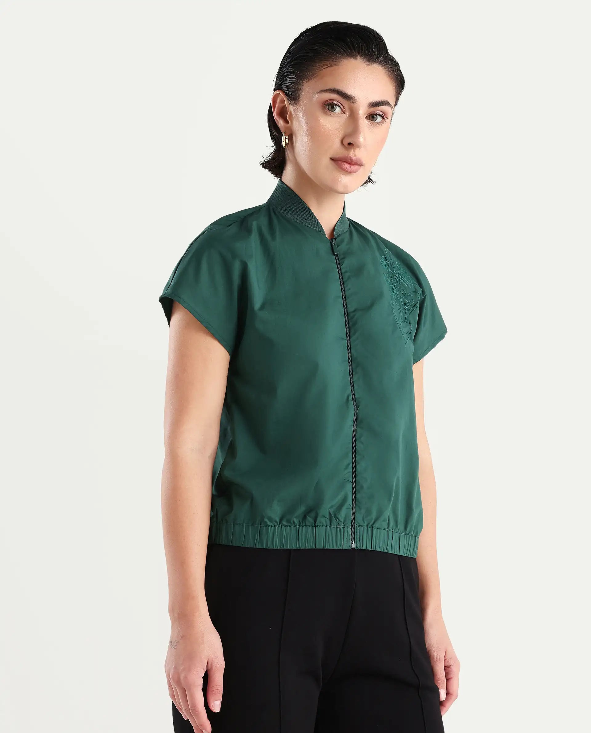 Rareism Women's Esmetu Dark Green Cotton Ribbed Collar Embroidered Extended Sleeves Regular Fit Top