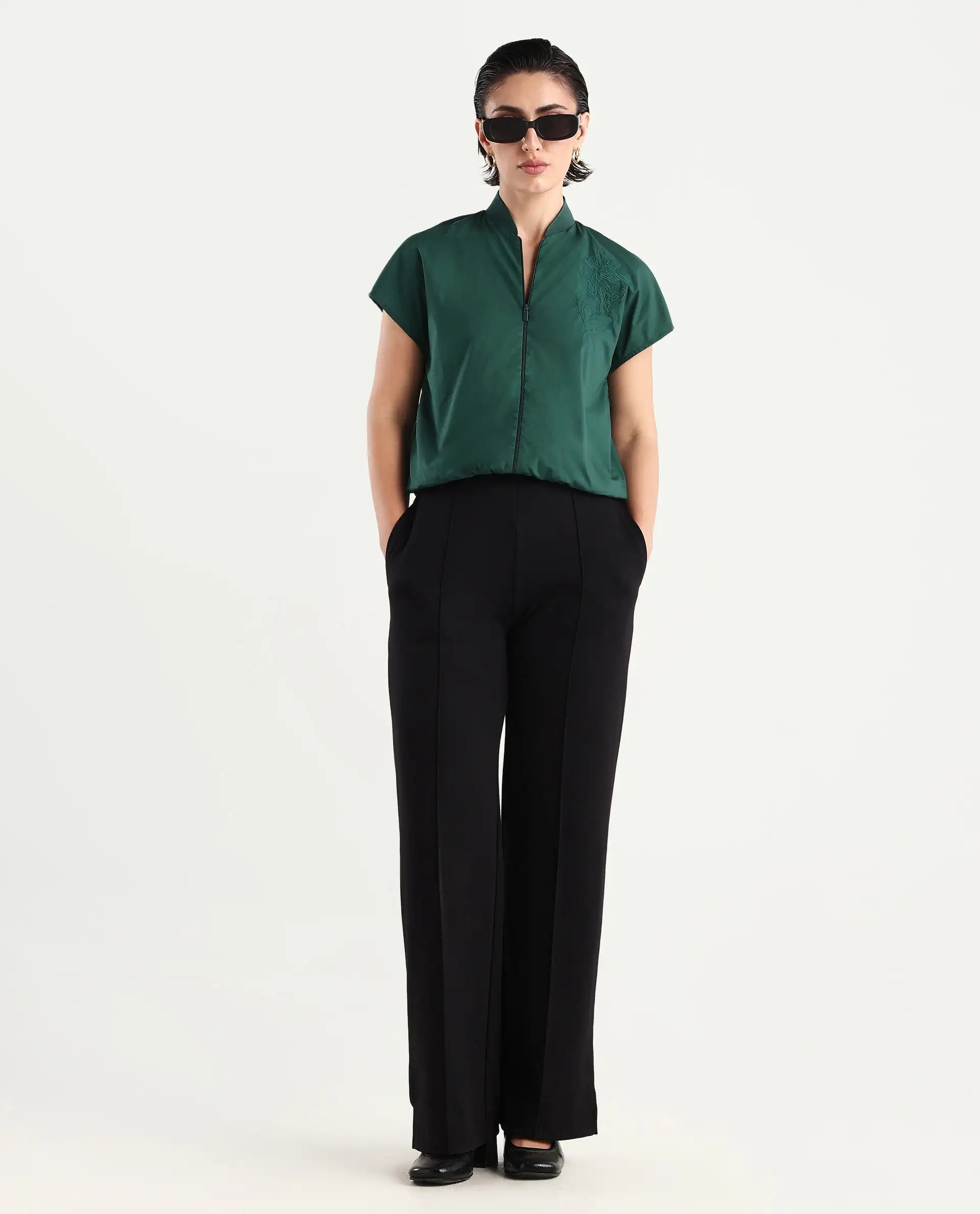 Rareism Women's Esmetu Dark Green Cotton Ribbed Collar Embroidered Extended Sleeves Regular Fit Top