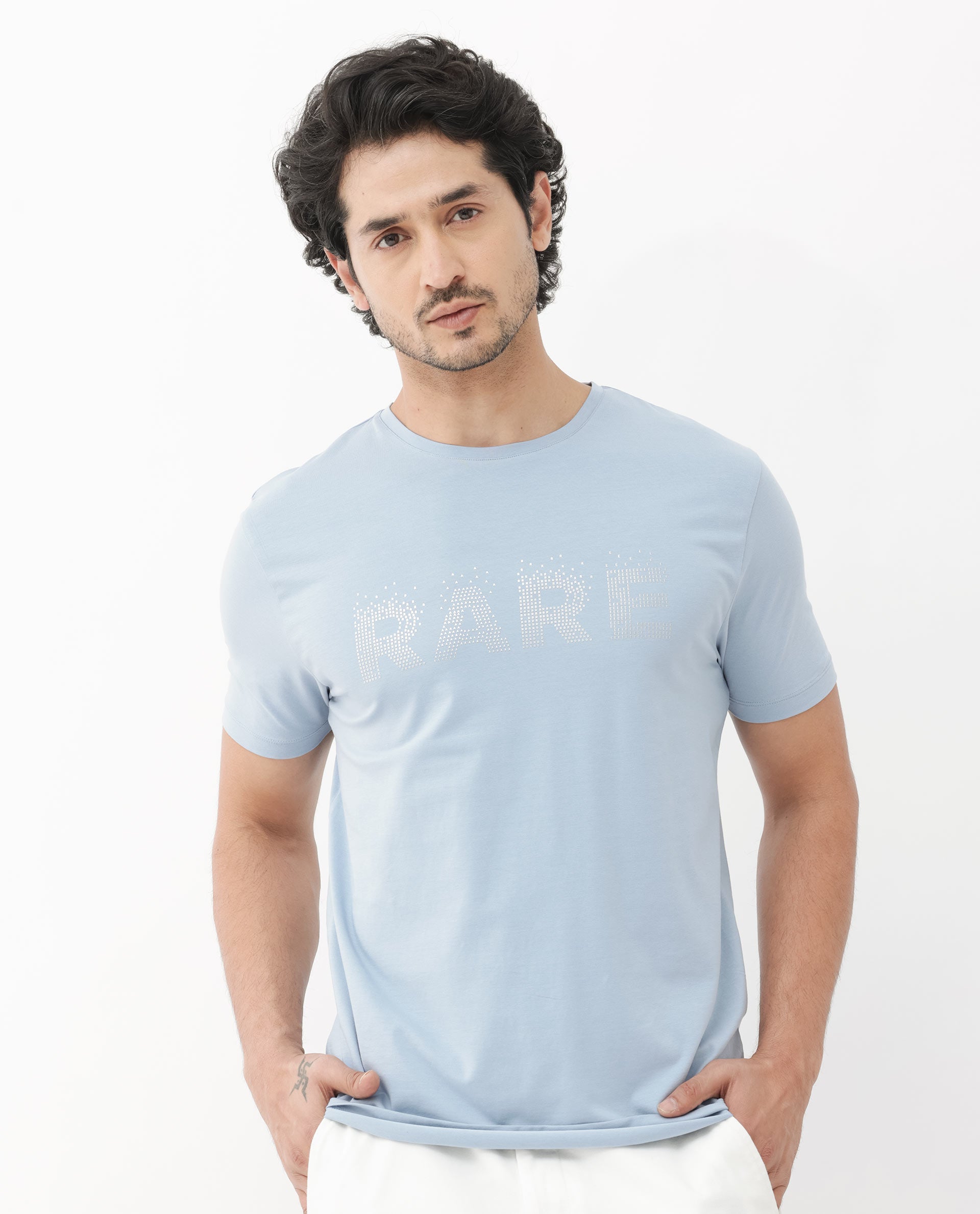 Rare Rabbit Mens Eso Light Blue Short Sleeve Graphic Print Regular Fit T-Shirt