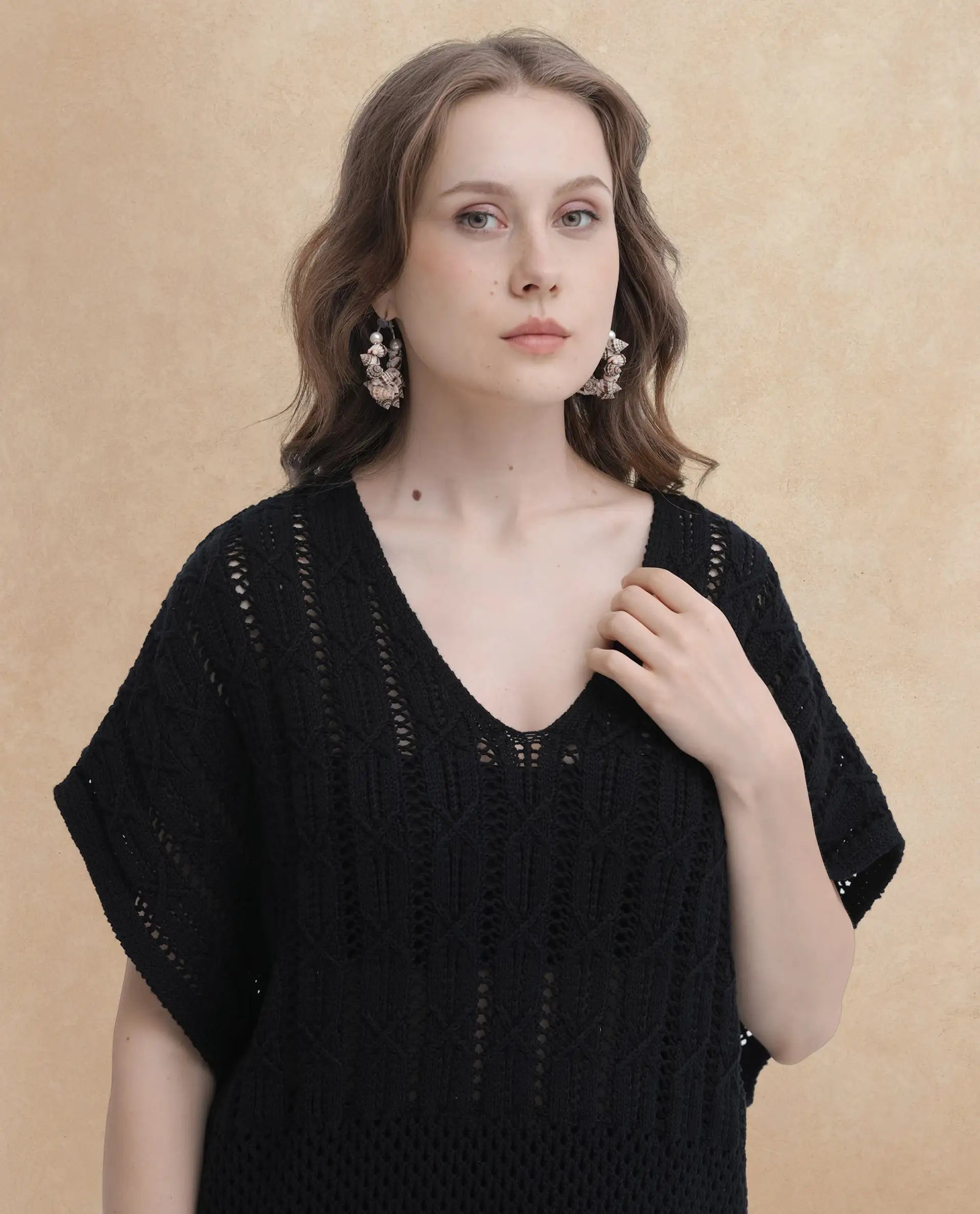 Rareism Women Espantiago Black Cotton Fabric Short Sleeves V-Neck Extended Sleeve Relaxed Fit Plain Knee Length Dress