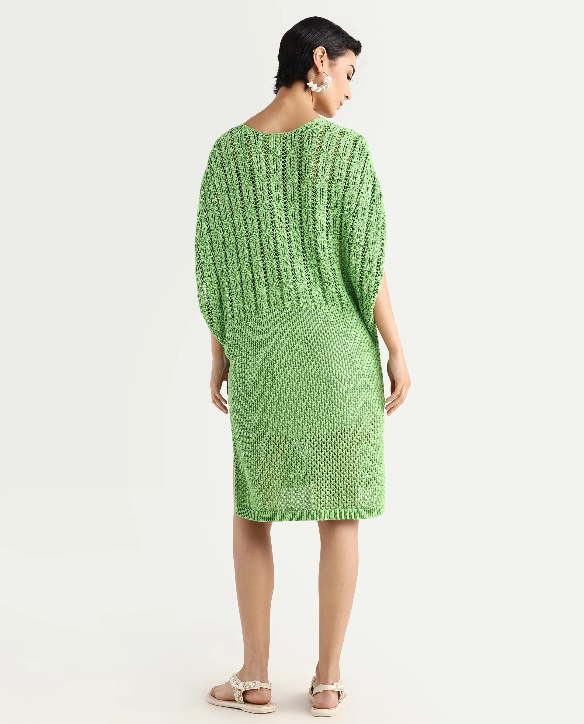 Rareism Women's Espantiago Green Cotton V-Neck Plain Extended Sleeves Knee Length Relaxed Fit Dress