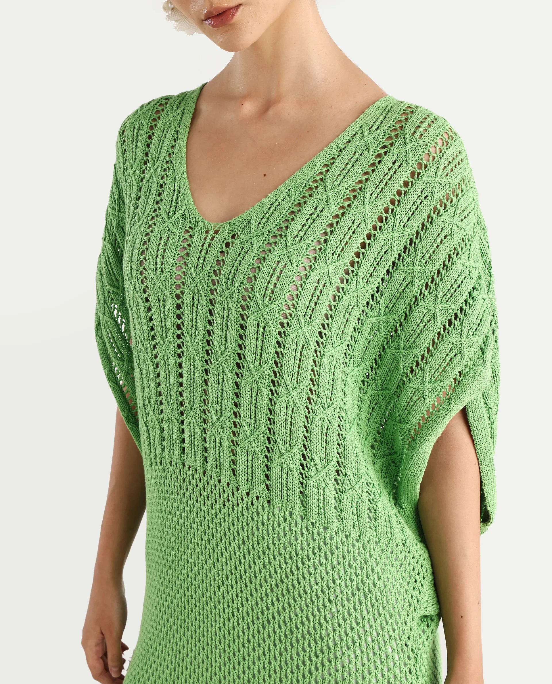 Rareism Women's Espantiago Green Cotton V-Neck Plain Extended Sleeves Knee Length Relaxed Fit Dress