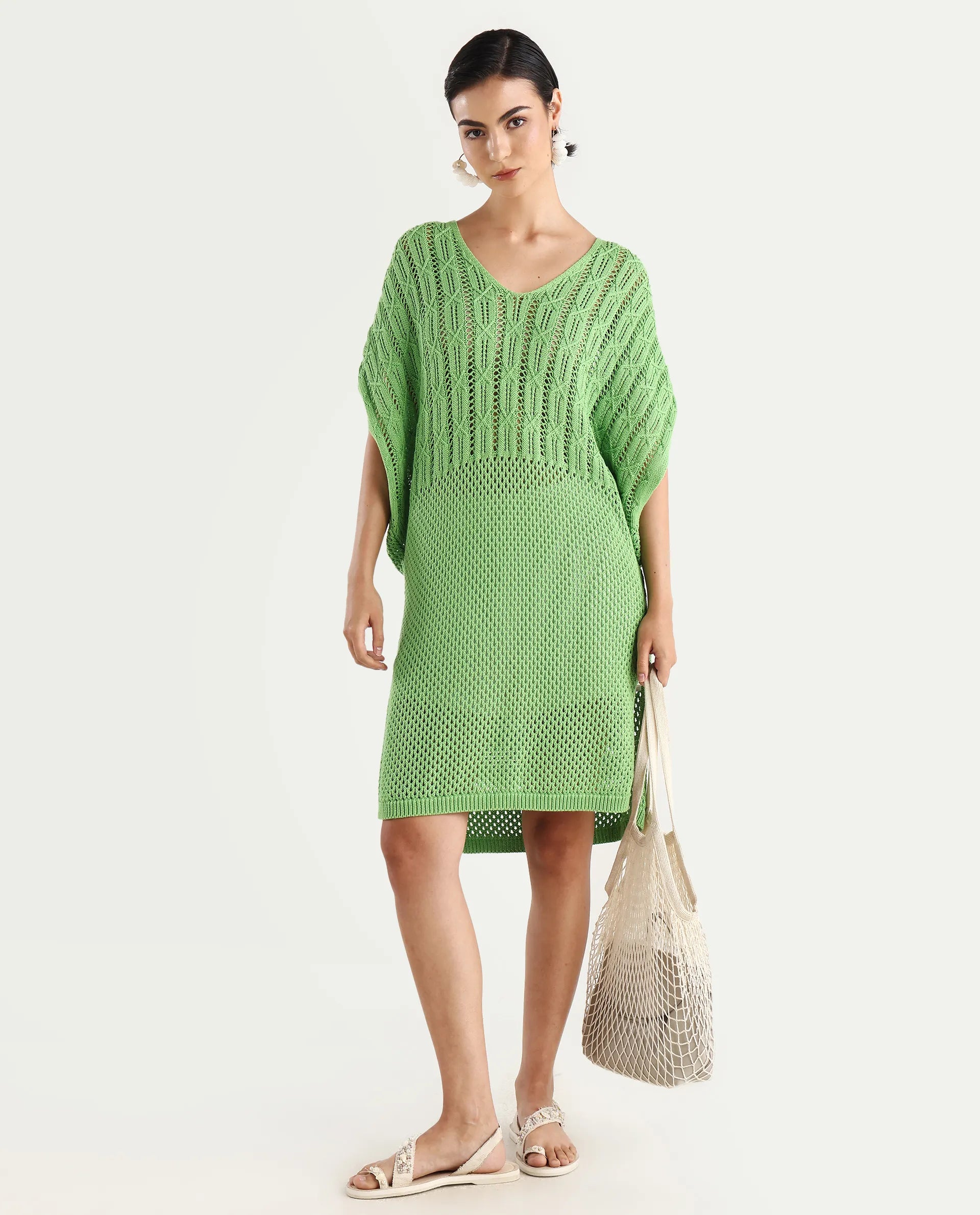 Rareism Women's Espantiago Green Cotton V-Neck Plain Extended Sleeves Knee Length Relaxed Fit Dress