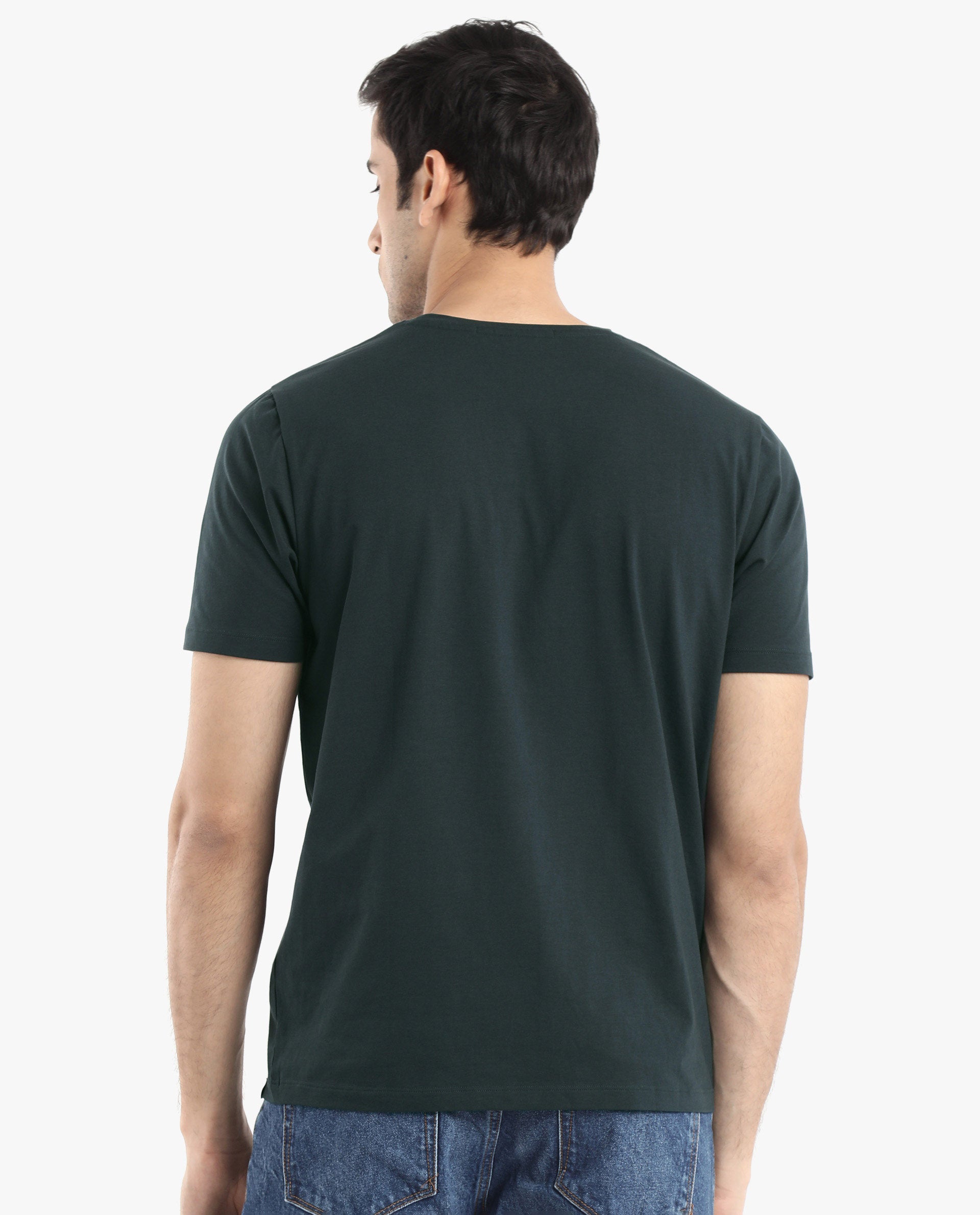 Rare Rabbit Men Esse Dark Green Cotton Lycra Fabric Short Sleeve Crew Neck Regular Fit Graphic Flock Logo Print T-Shirt