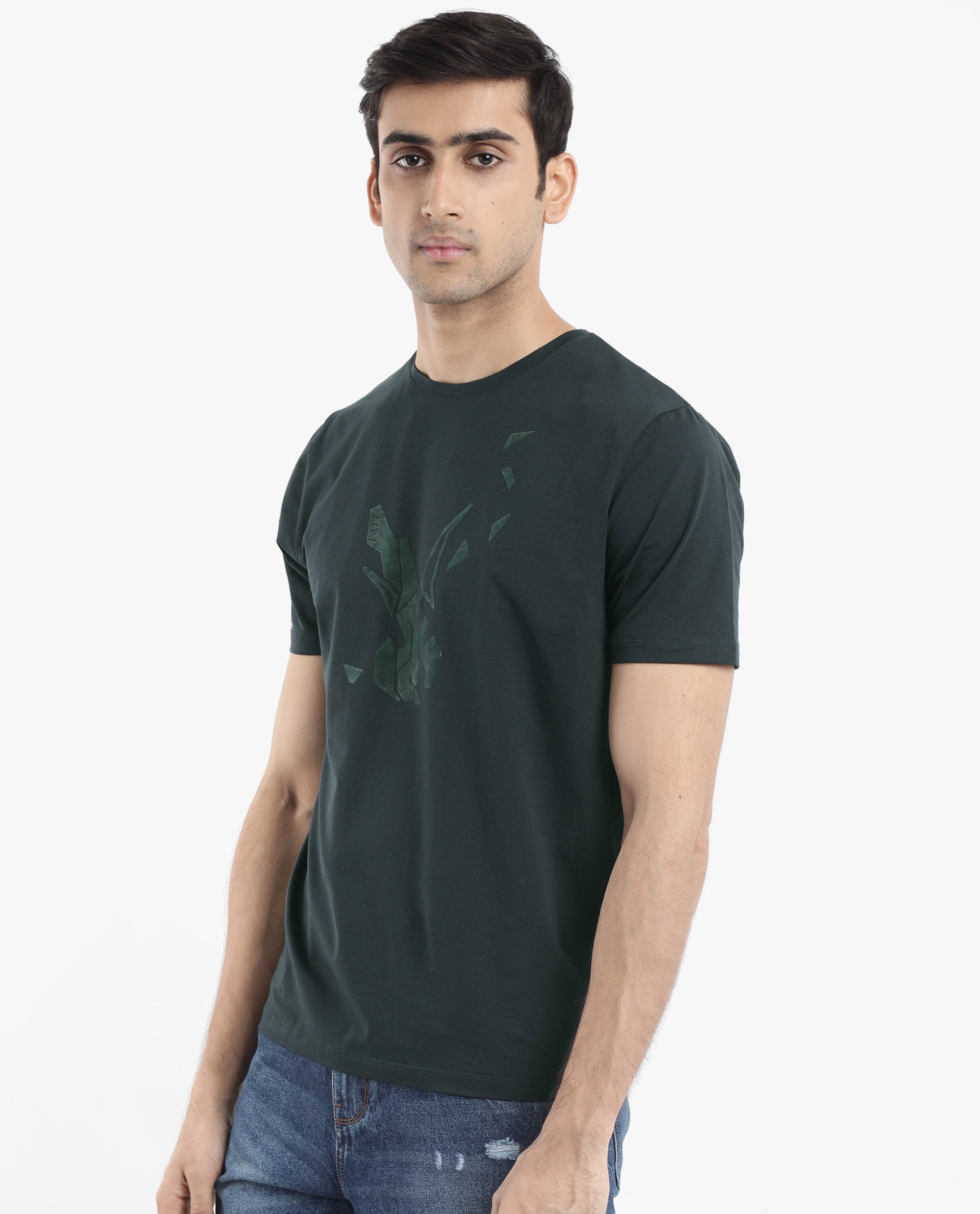 Rare Rabbit Men Esse Dark Green Cotton Lycra Fabric Short Sleeve Crew Neck Regular Fit Graphic Flock Logo Print T-Shirt