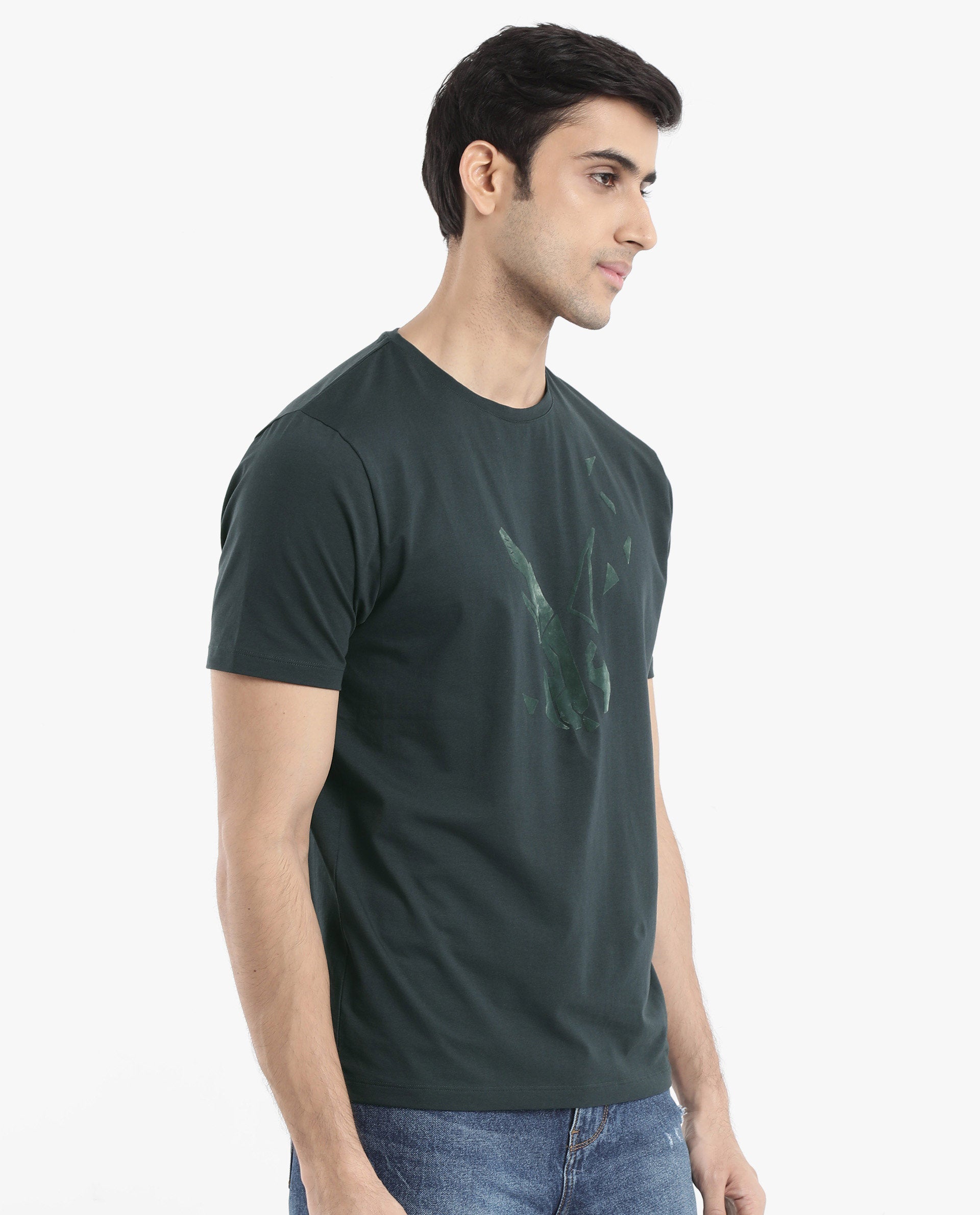Rare Rabbit Men Esse Dark Green Cotton Lycra Fabric Short Sleeve Crew Neck Regular Fit Graphic Flock Logo Print T-Shirt