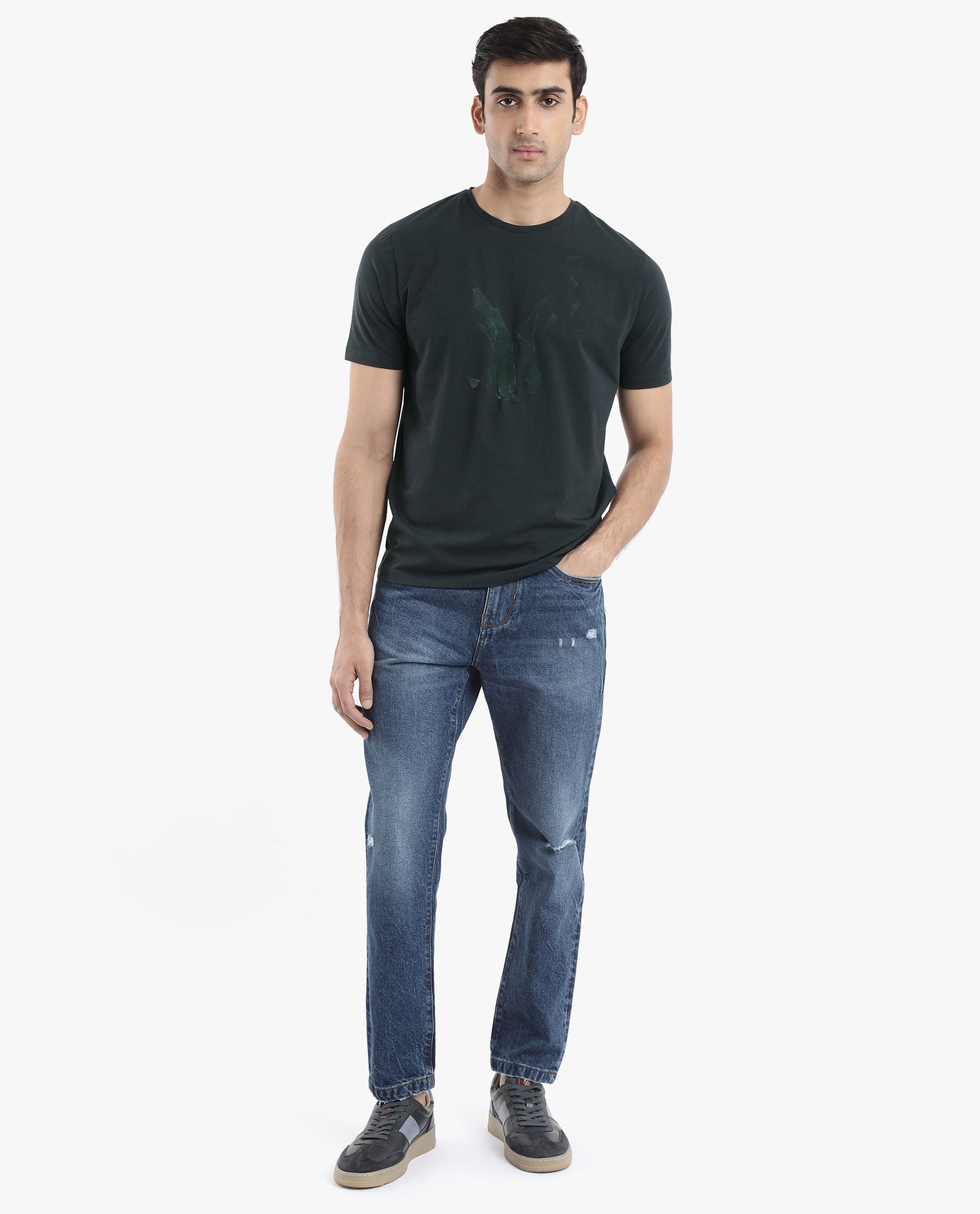 Rare Rabbit Men Esse Dark Green Cotton Lycra Fabric Short Sleeve Crew Neck Regular Fit Graphic Flock Logo Print T-Shirt