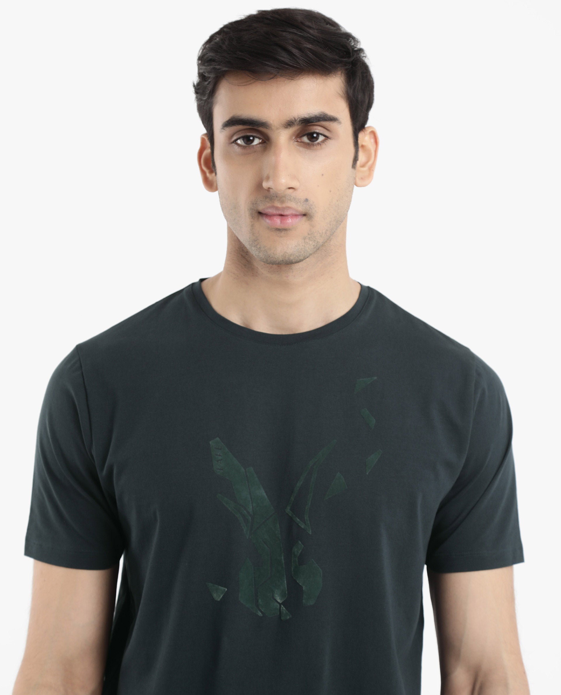 Rare Rabbit Men Esse Dark Green Cotton Lycra Fabric Short Sleeve Crew Neck Regular Fit Graphic Flock Logo Print T-Shirt