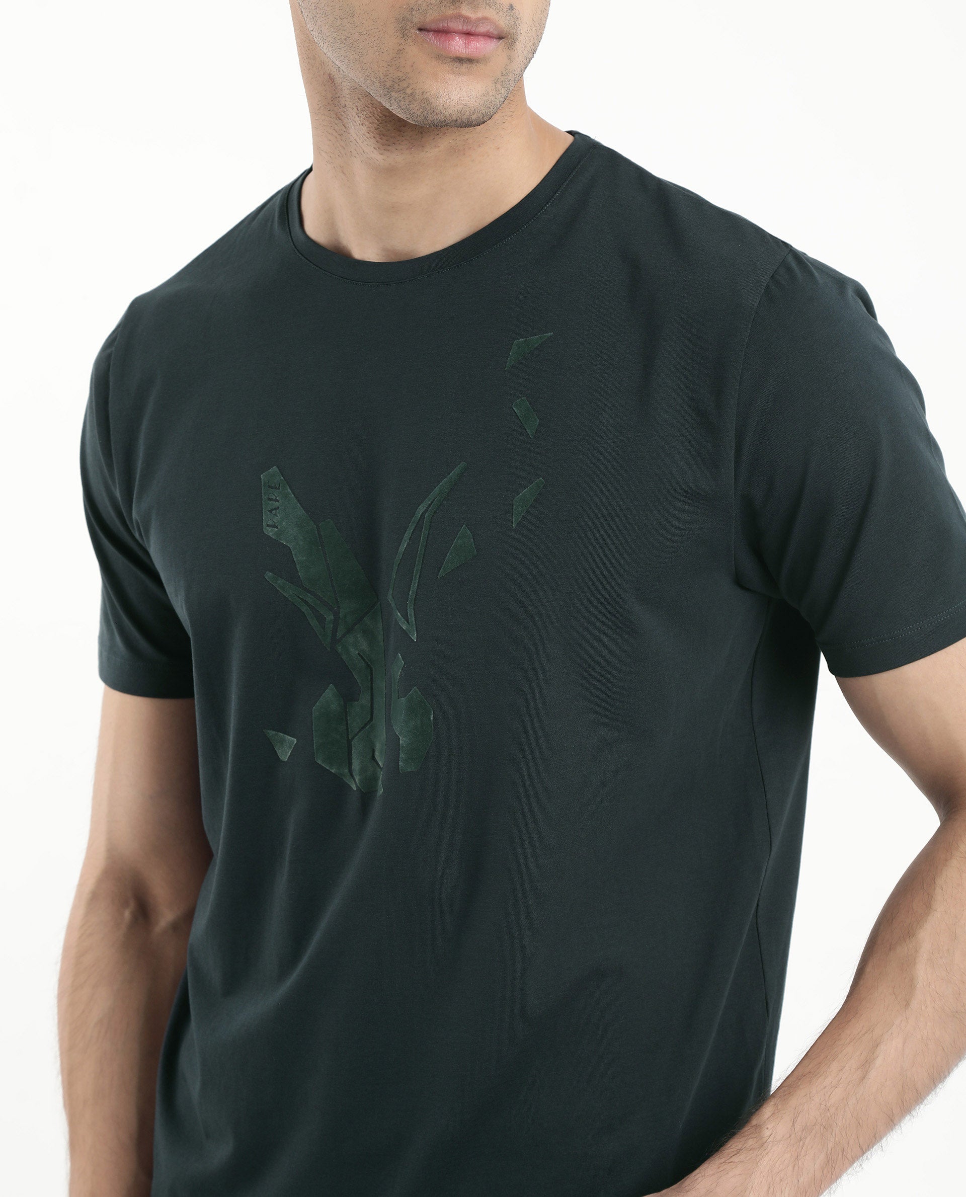 Rare Rabbit Men Esse Dark Green Cotton Lycra Fabric Short Sleeve Crew Neck Regular Fit Graphic Flock Logo Print T-Shirt