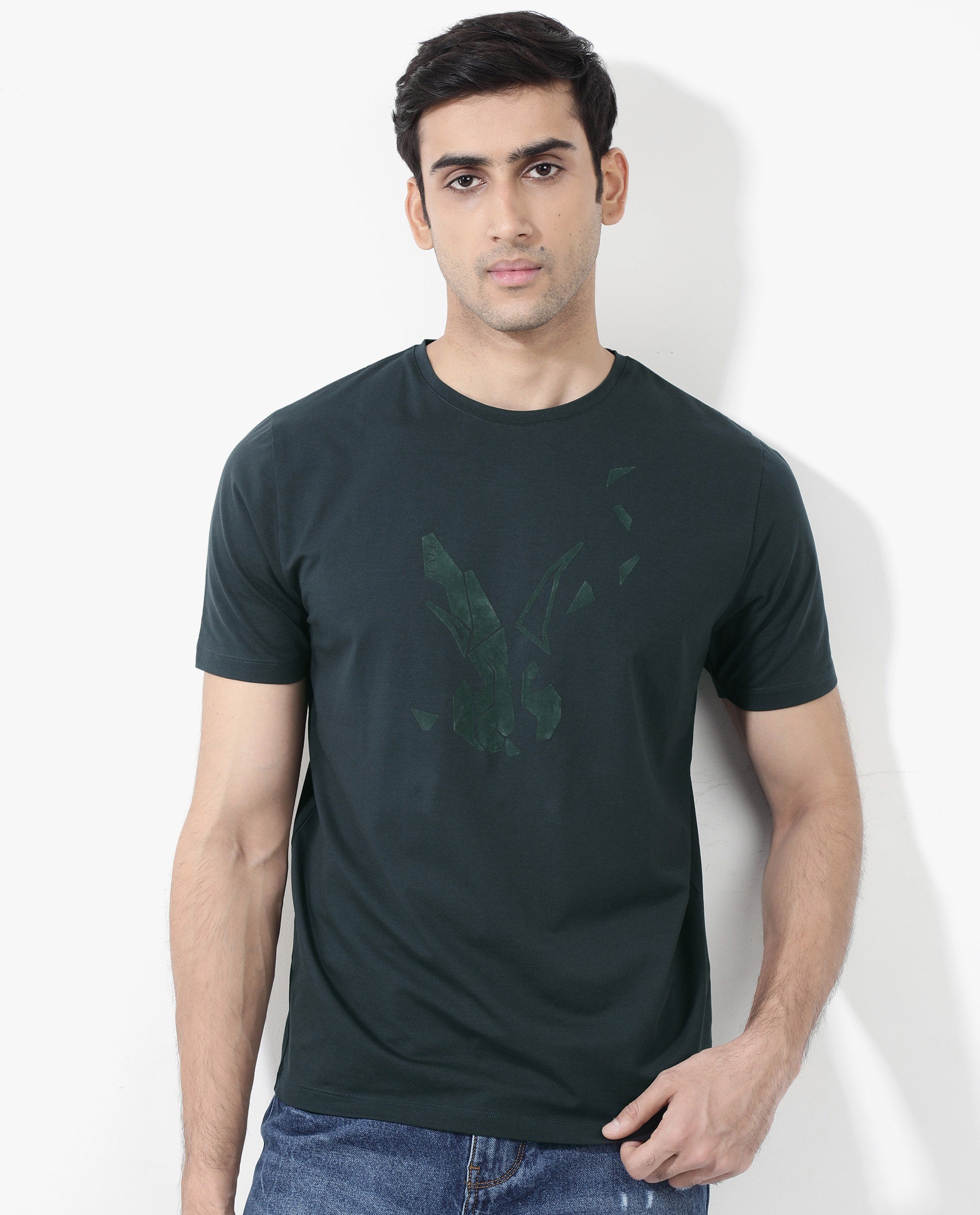 Rare Rabbit Men Esse Dark Green Cotton Lycra Fabric Short Sleeve Crew Neck Regular Fit Graphic Flock Logo Print T-Shirt
