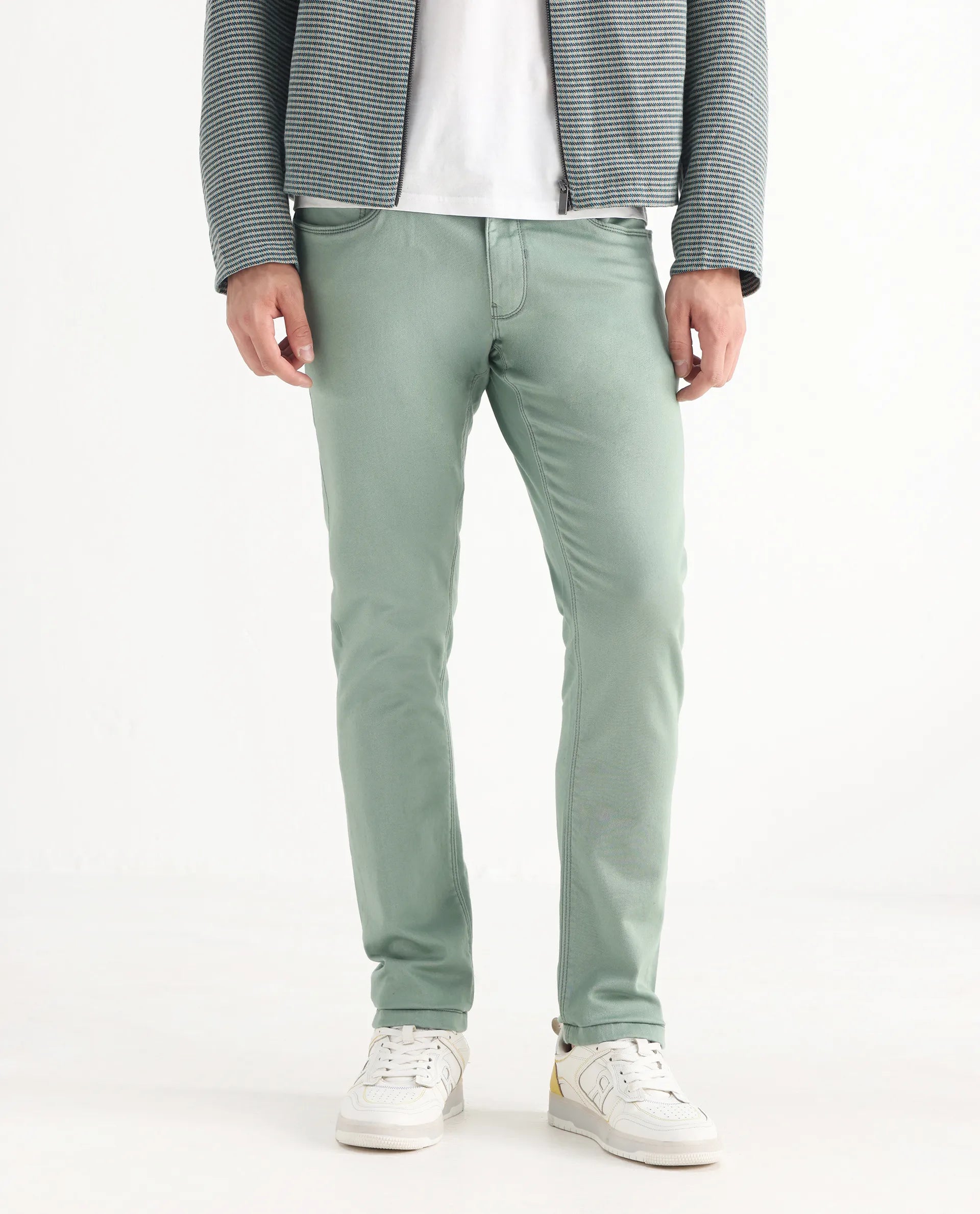 Rare Rabbit Men's Essen Light Green Cotton Plain Hawk Slim Fit Jeans