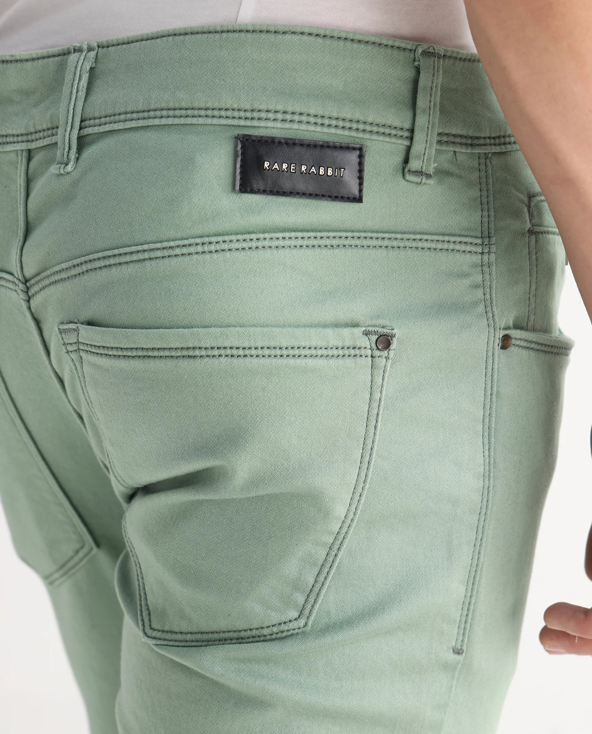 Rare Rabbit Men's Essen Light Green Cotton Plain Hawk Slim Fit Jeans