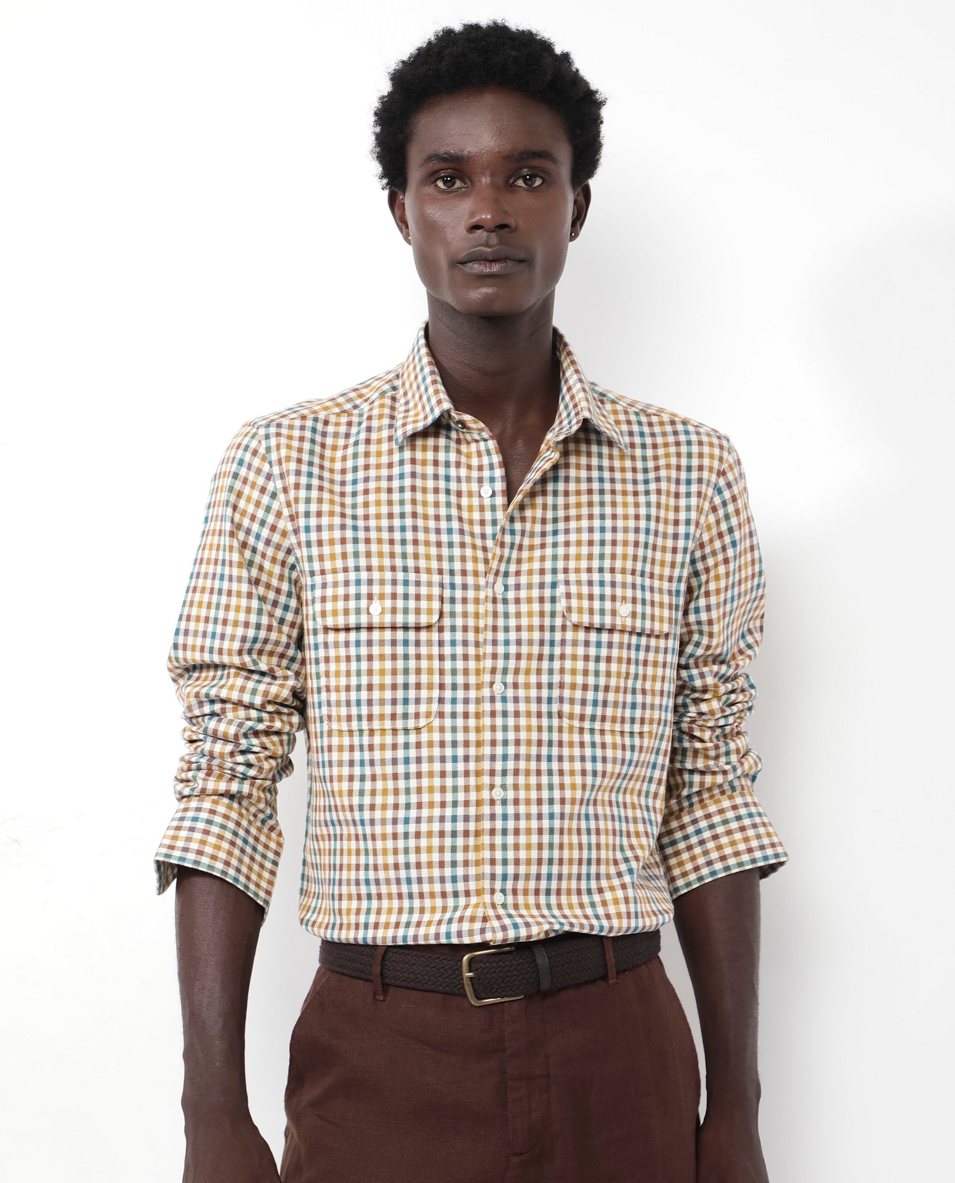 Rare Rabbit Mens Essen Mustard Cotton Fabric Full Sleeve Regular Fit Gingham Checks Print Twill Shirt