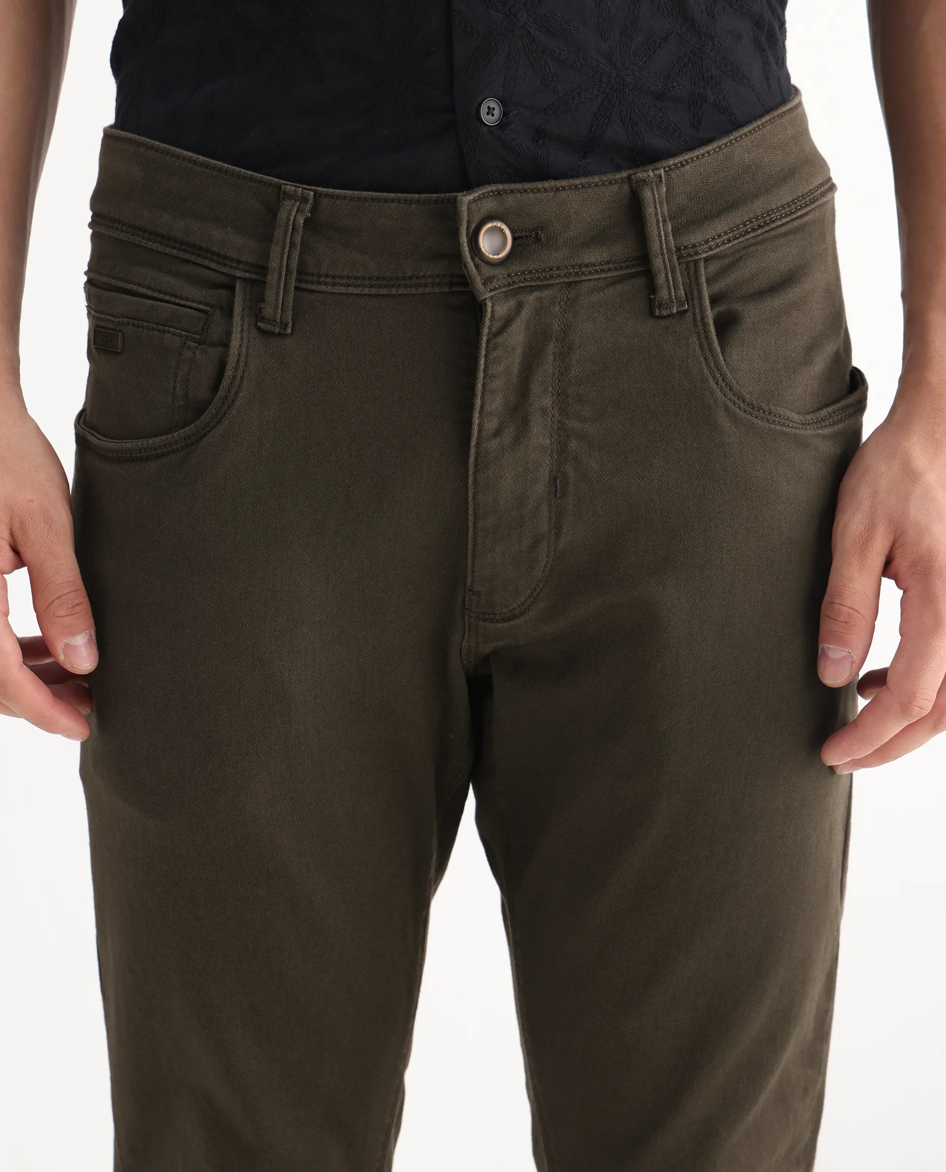 Rare Rabbit Men's Essen Dark Olive Cotton Plain Hawk Slim Fit Jeans