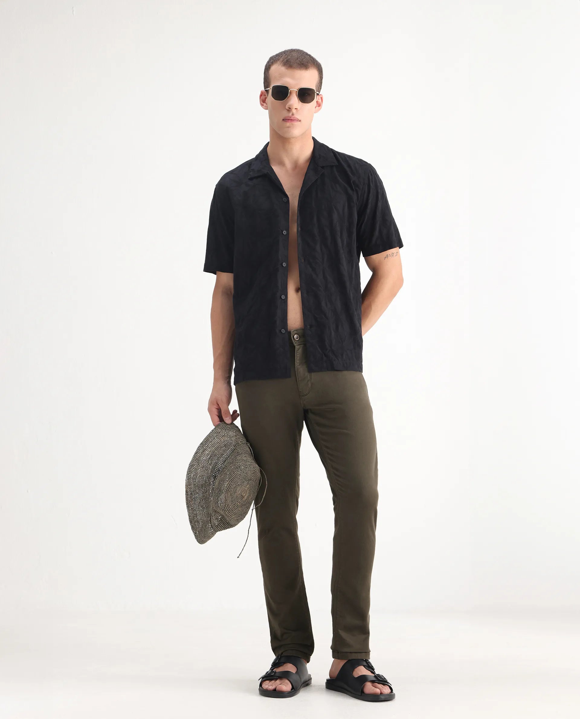 Rare Rabbit Men's Essen Dark Olive Cotton Plain Hawk Slim Fit Jeans