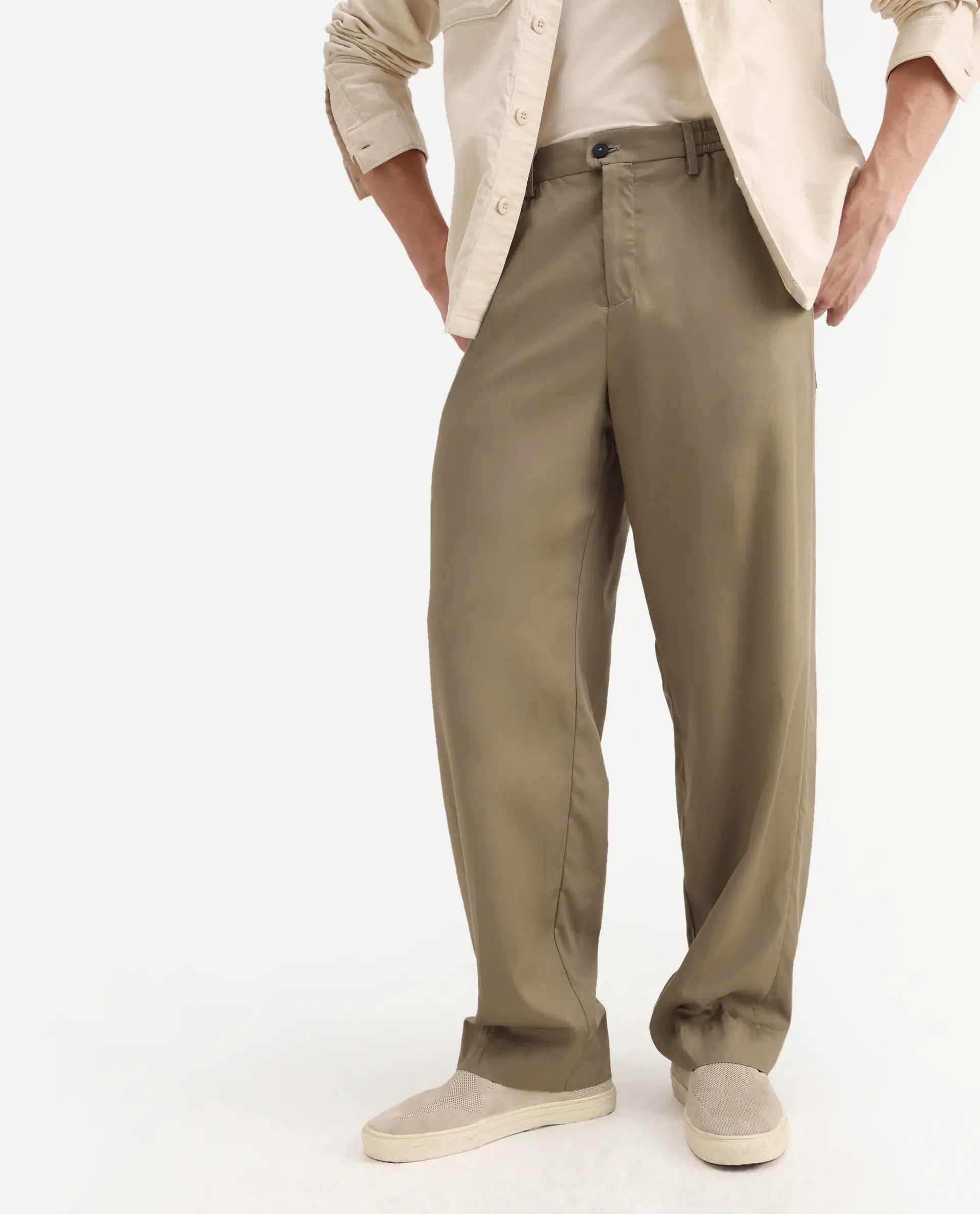 Rare Rabbit Men's Essot Khaki Cotton Blend Plain Baggy Fit Trouser
