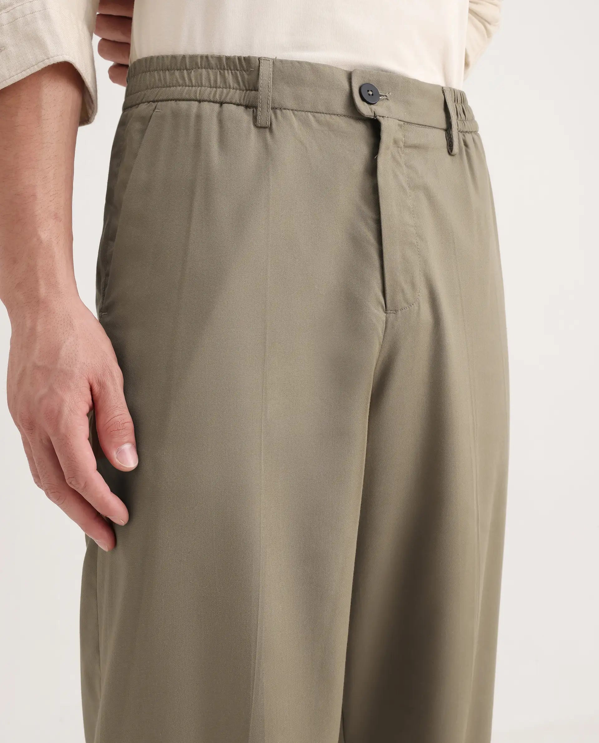 Rare Rabbit Men's Essot Khaki Cotton Blend Plain Baggy Fit Trouser