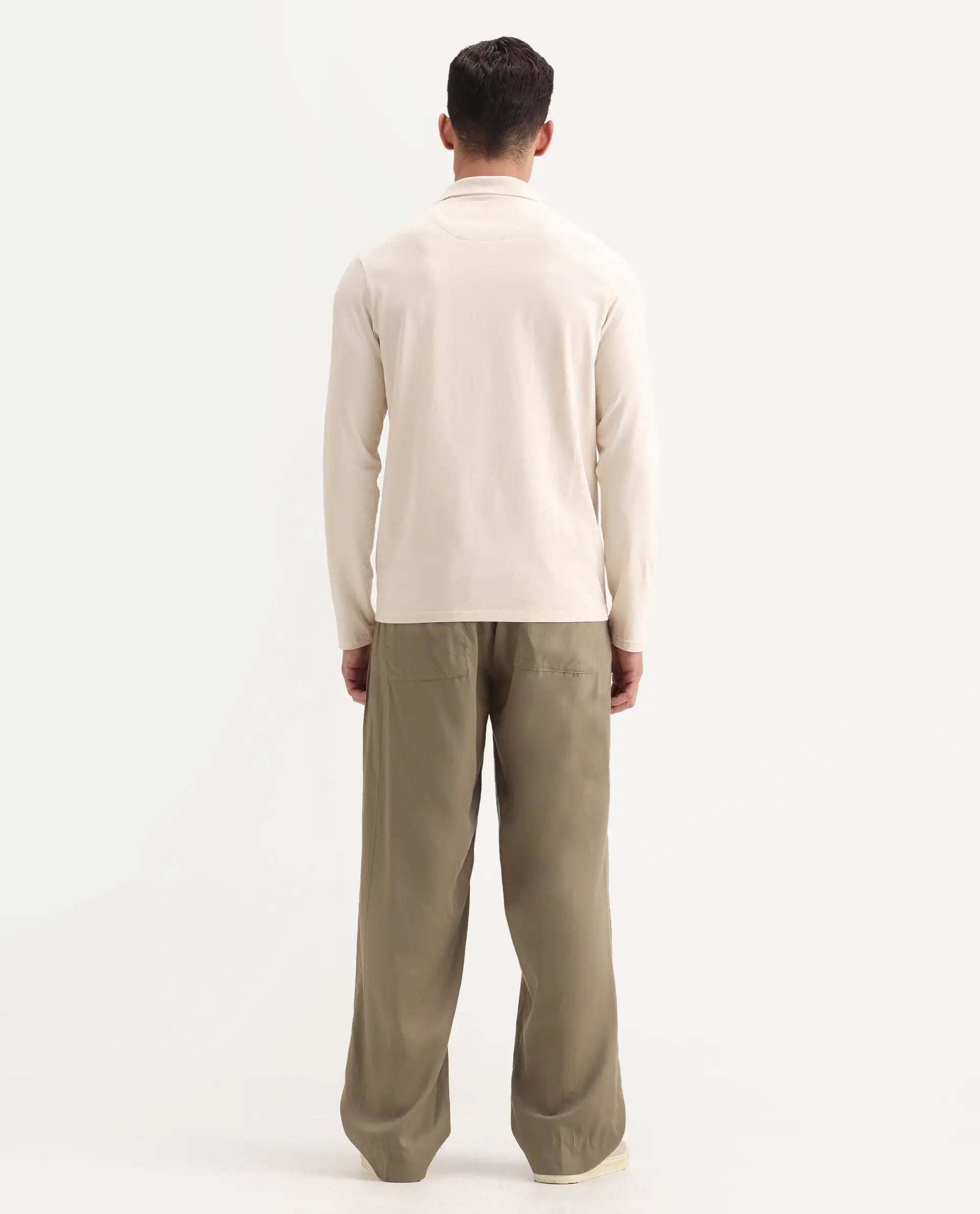 Rare Rabbit Men's Essot Khaki Cotton Blend Plain Baggy Fit Trouser