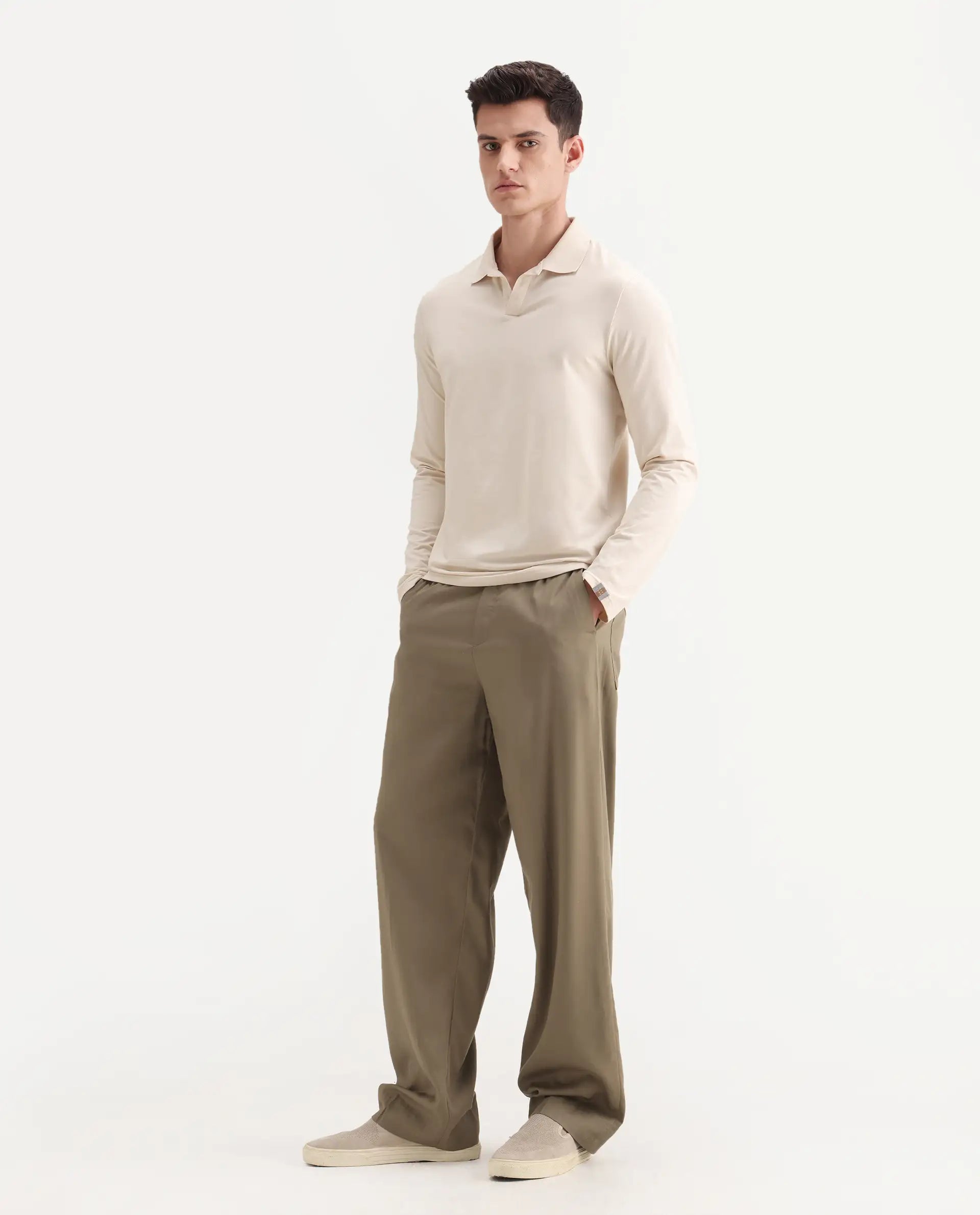 Rare Rabbit Men's Essot Khaki Cotton Blend Plain Baggy Fit Trouser
