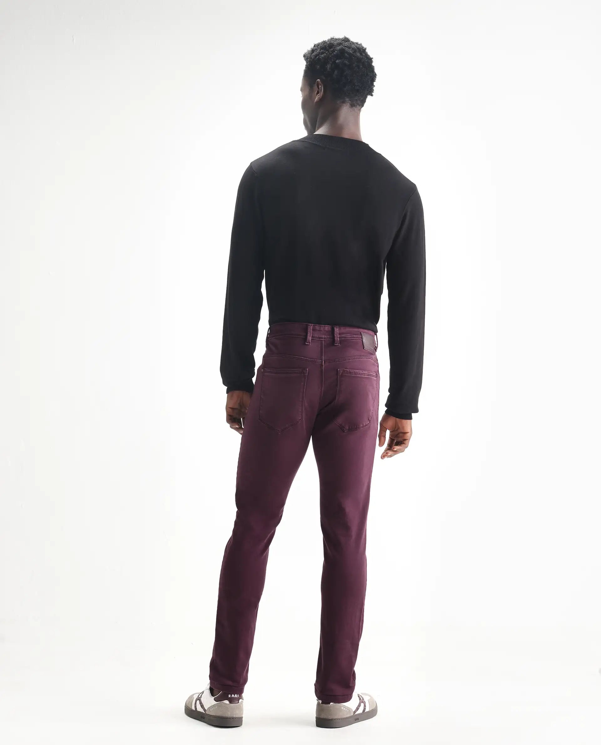 Rare Rabbit Men's Essen Dark Maroon Cotton Plain Hawk Slim Fit Jeans