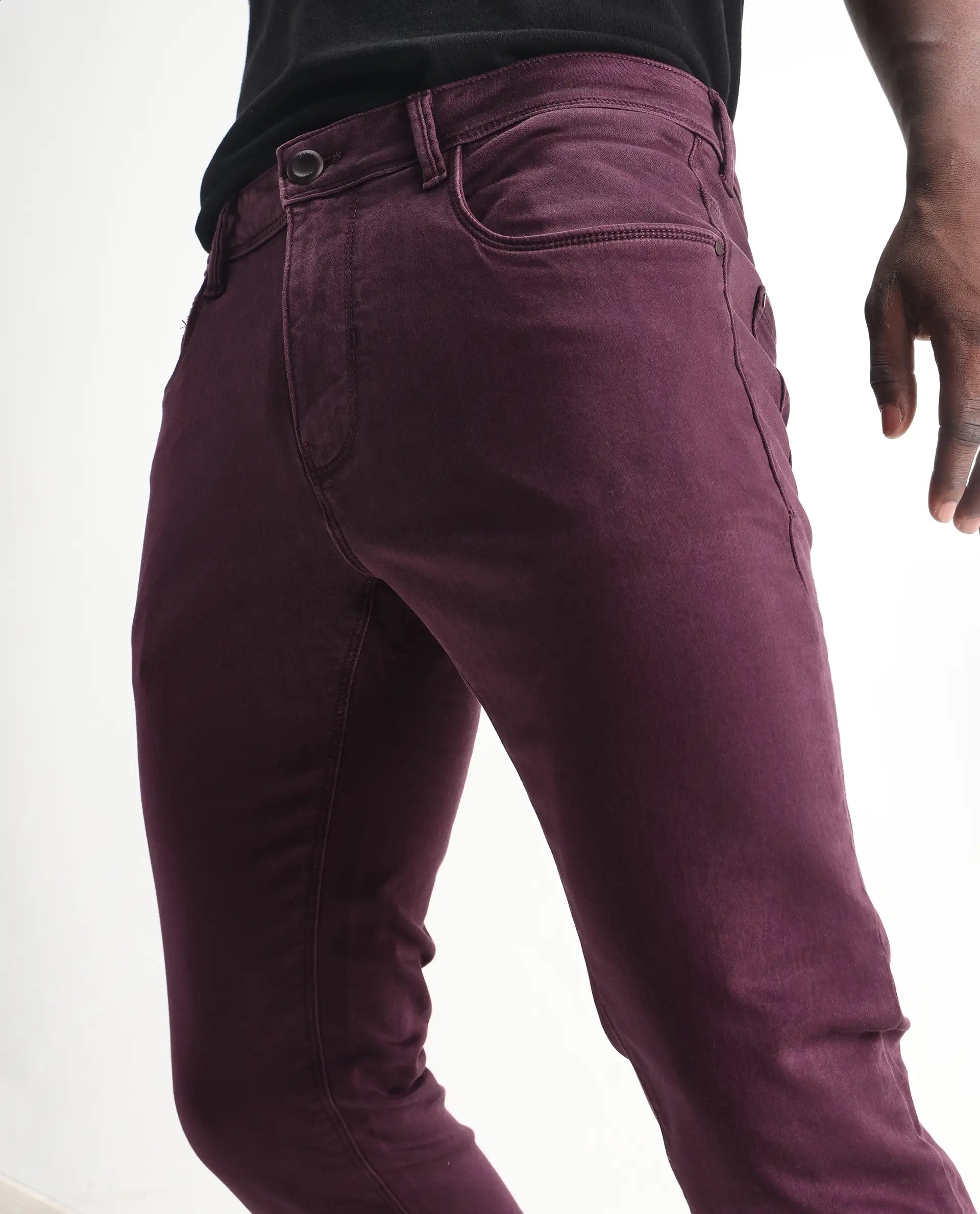 Rare Rabbit Men's Essen Dark Maroon Cotton Plain Hawk Slim Fit Jeans