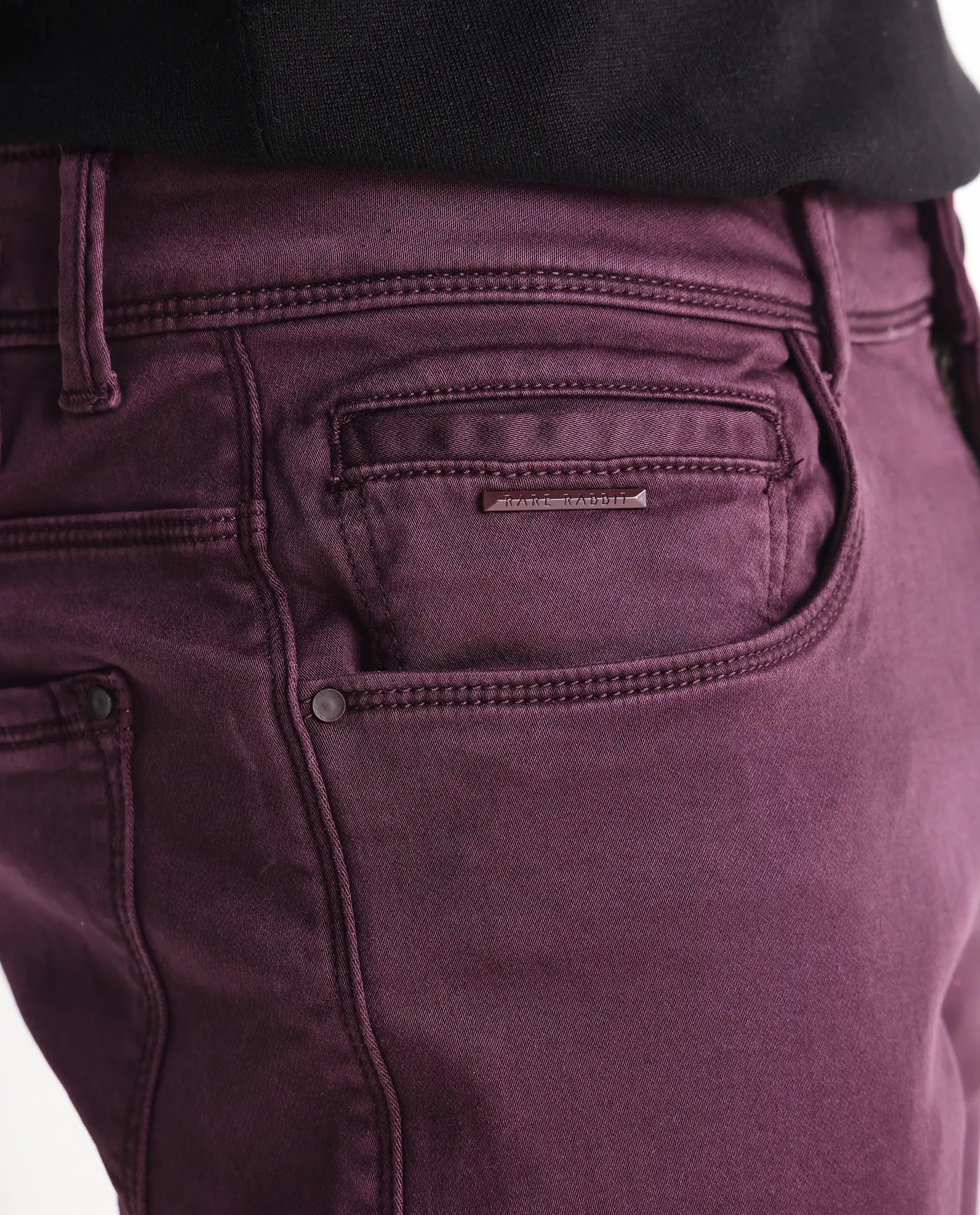 Rare Rabbit Men's Essen Dark Maroon Cotton Plain Hawk Slim Fit Jeans